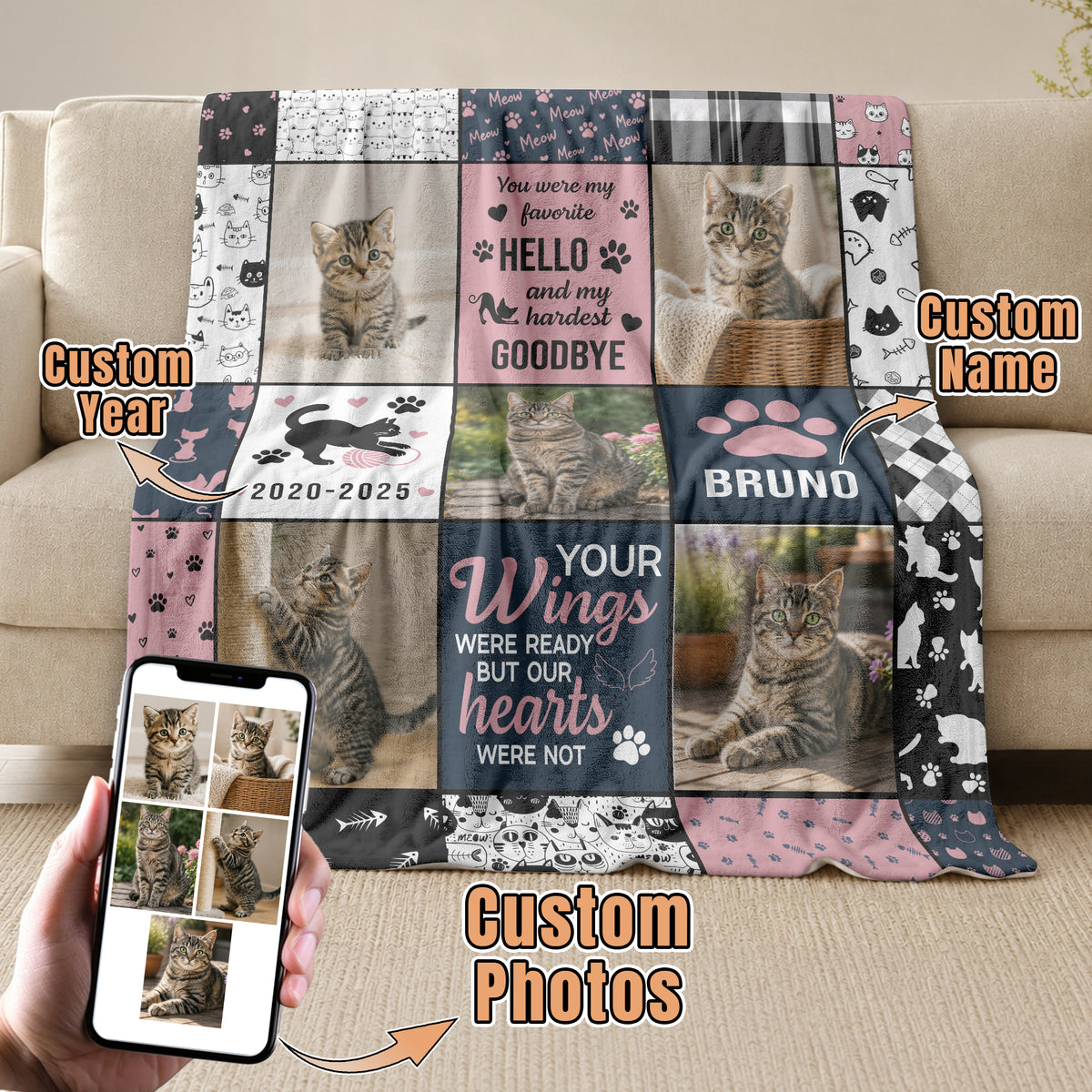 Custom Pet Cat Photo Collage Fleece Blanket Name Memorial Throw Tapestry Component Item