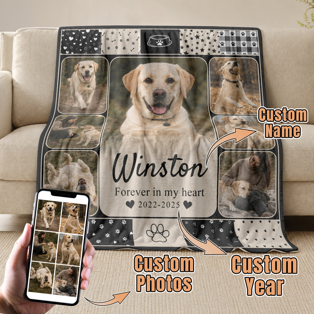 Custom Pet Dog Photo Collage Fleece Blanket Name Memory Memorial Throw Tapestry Item