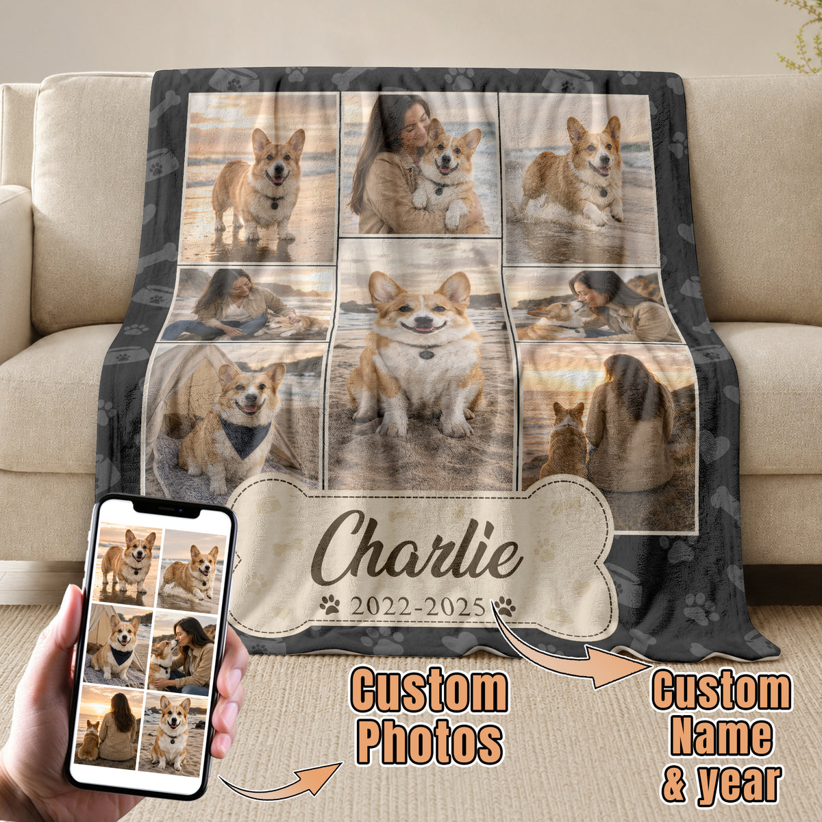 Custom Puppy Dog Photo Collage Fleece Blanket Name Memory Memorial Throw Tapestry Piece