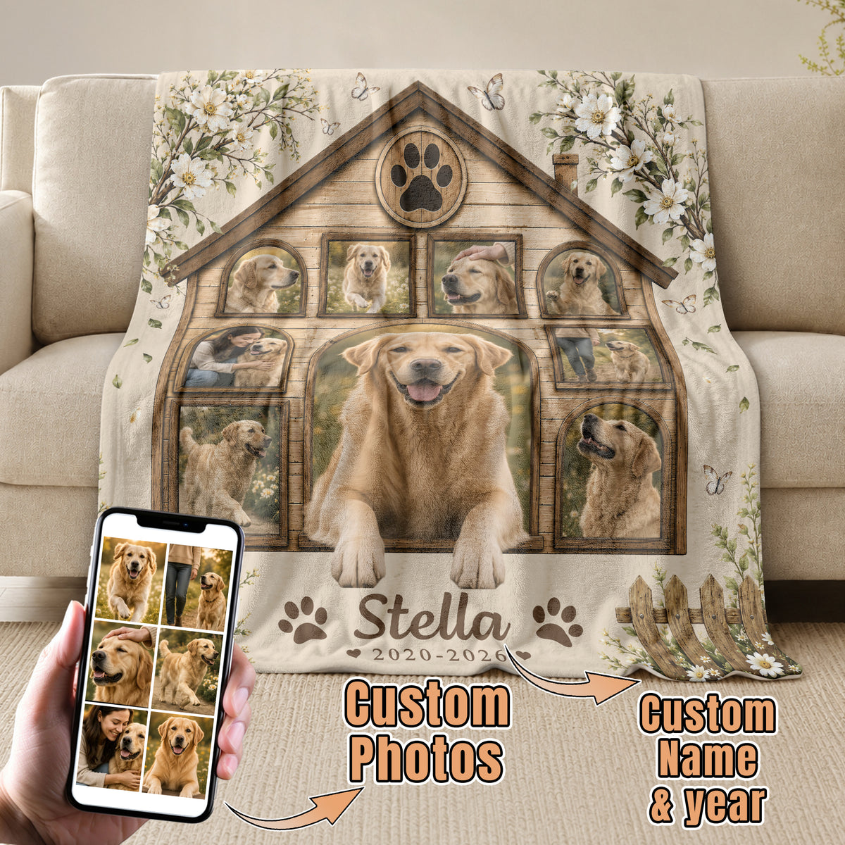 Custom Pet Dog Photo Collage Fleece Blanket Name Floral Memorial Throw Tapestry Item