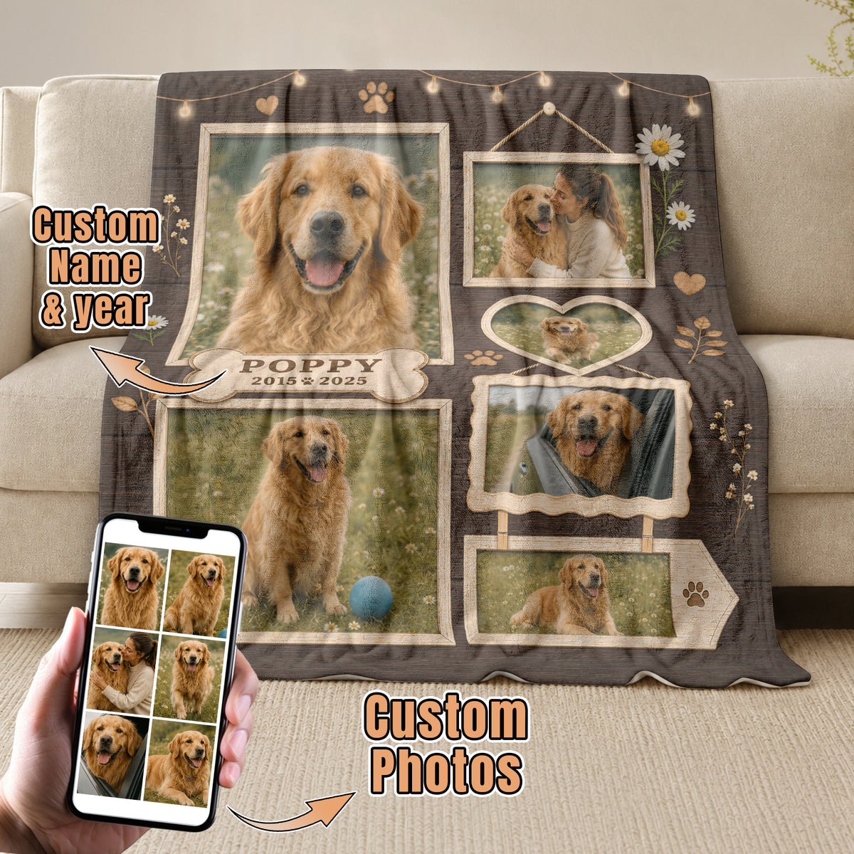 Custom Puppy Dog Photo Collage Fleece Blanket Name Floral Memorial Throw Tapestry Item