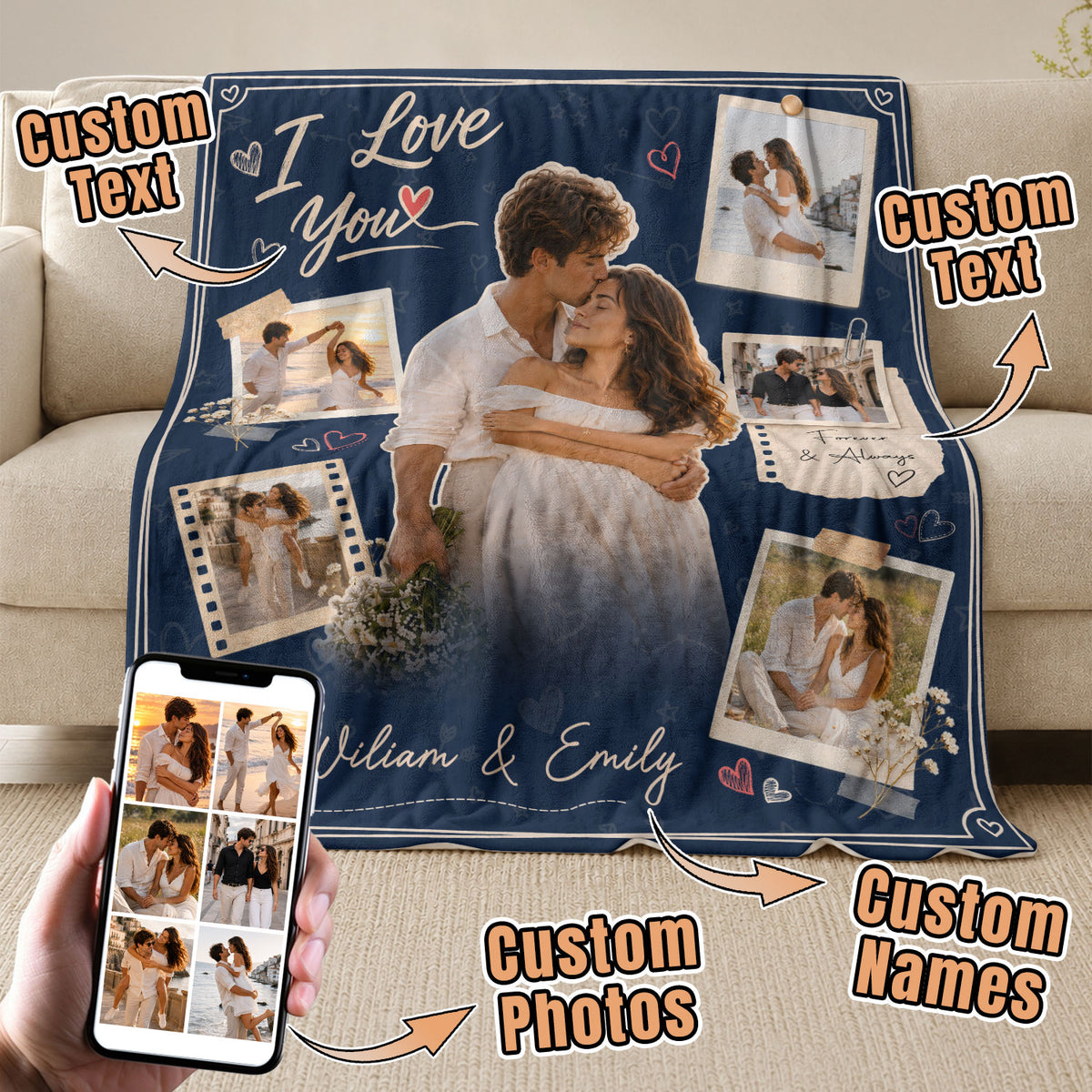 Custom Couple Photo Collage Fleece Blanket Names Text Romantic Throw Tapestry Item