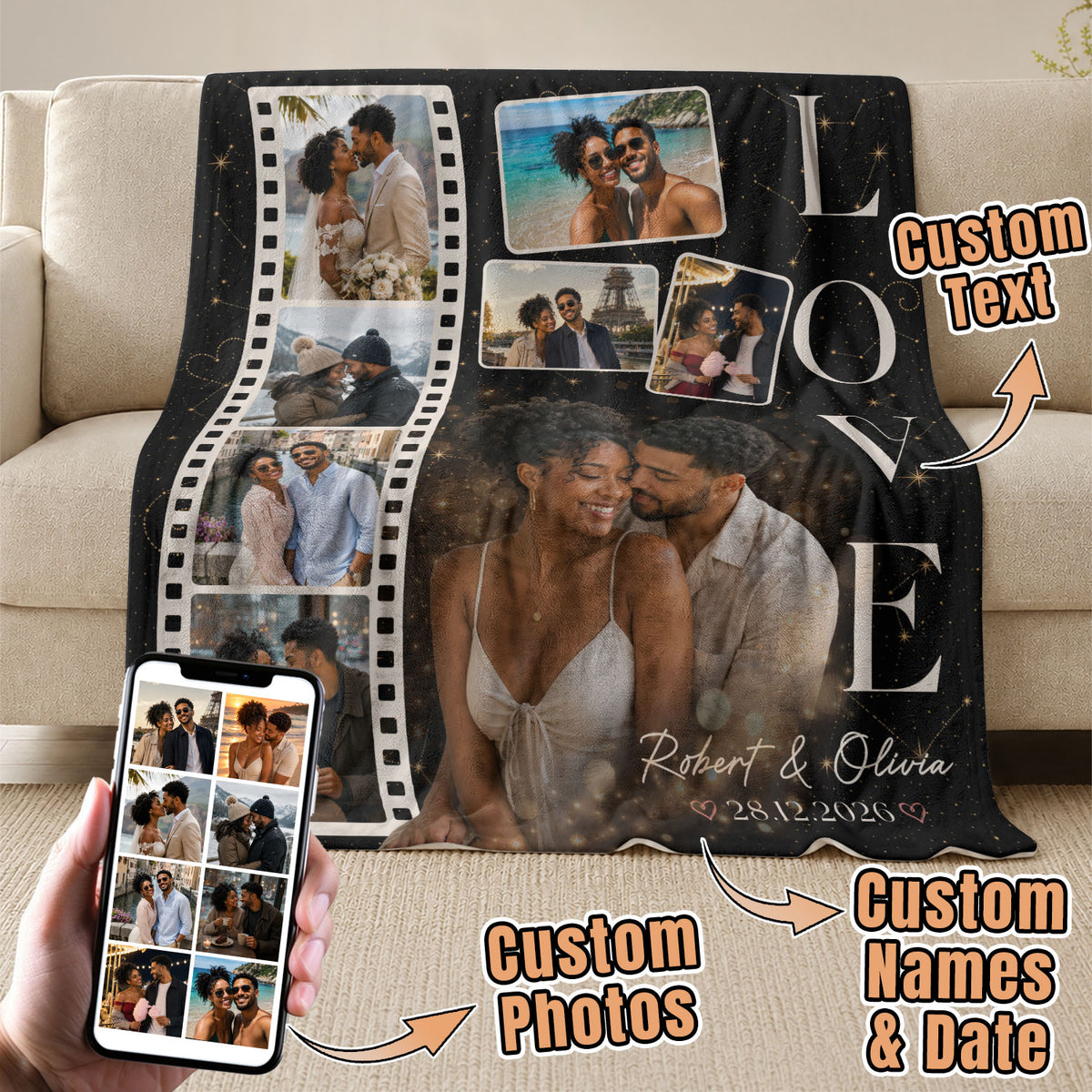 Custom Personal Photo Collage Couple Fleece Blanket Names Date Love Throw Tapestry