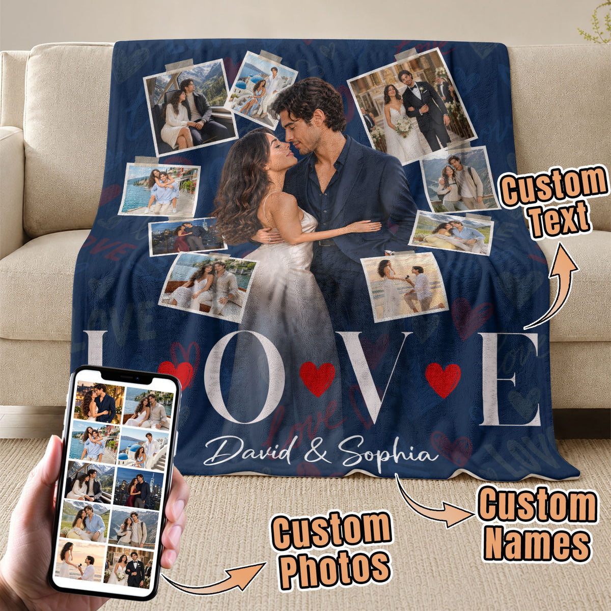 Custom Romantic Photo Collage Couple Fleece Blanket Names Text Throw Tapestry Item
