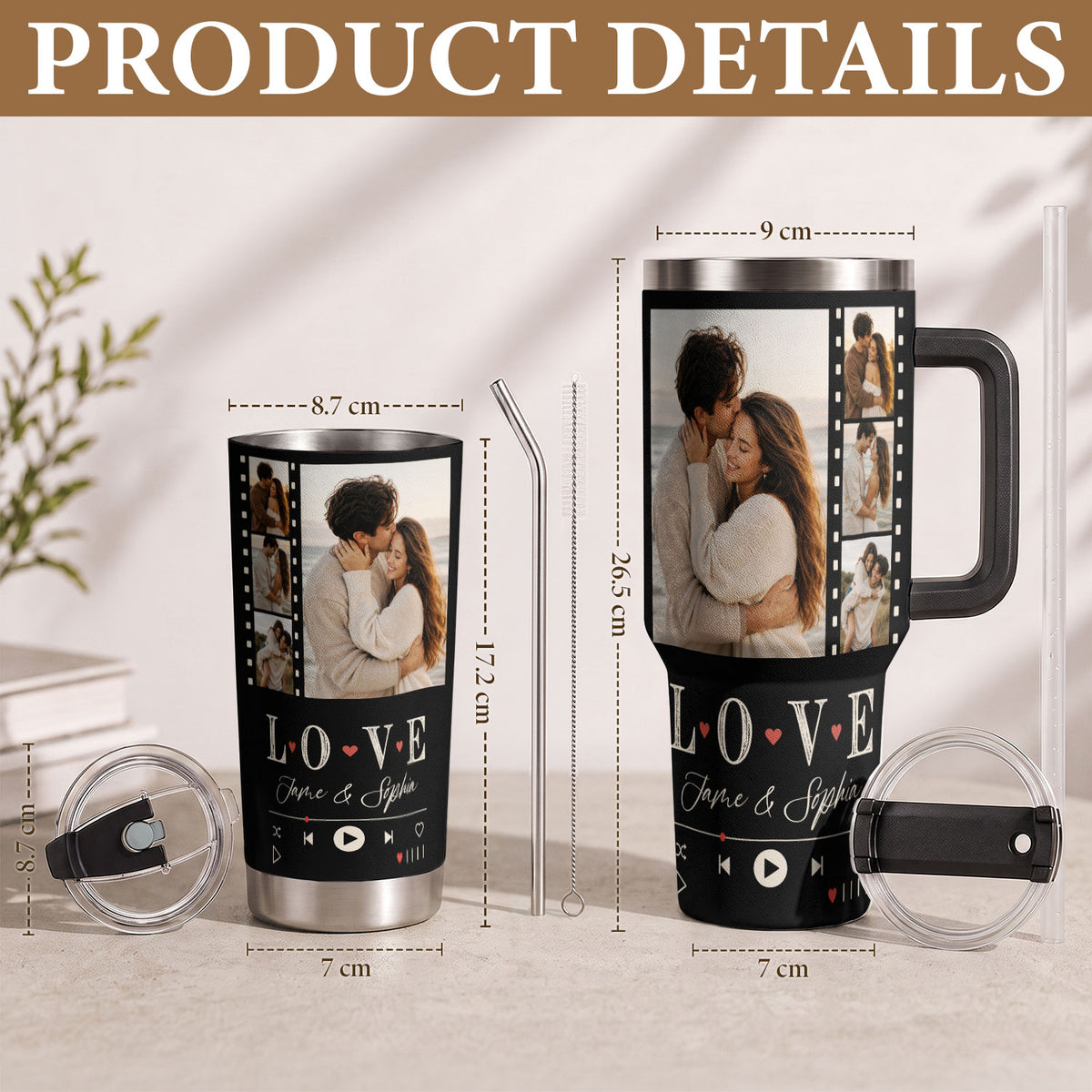 Custom Couple Photo Collage Tumbler Names Text Insulated Travel Mug Handle Cup Item