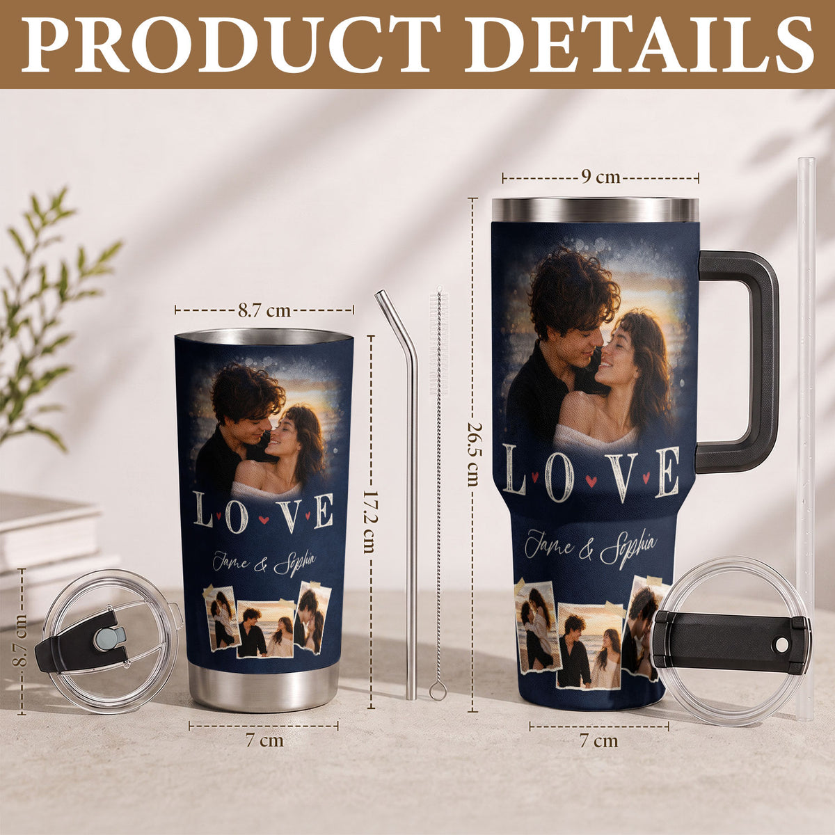 Custom Couple Photo Collage Tumbler Names Text Insulated Beverage Mug Handle Cup Piece