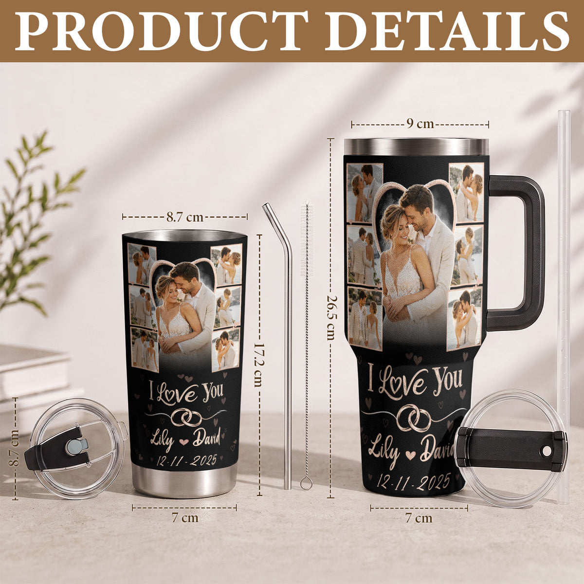 Custom Romantic Photo Collage Couple Tumbler Names Text Insulated Beverage Mug Handle