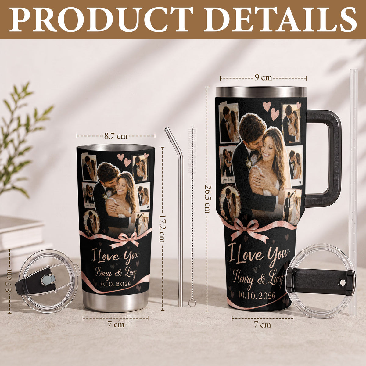 Custom Personal Photo Collage Couple Tumbler Names Text Insulated Beverage Mug Handle Cup