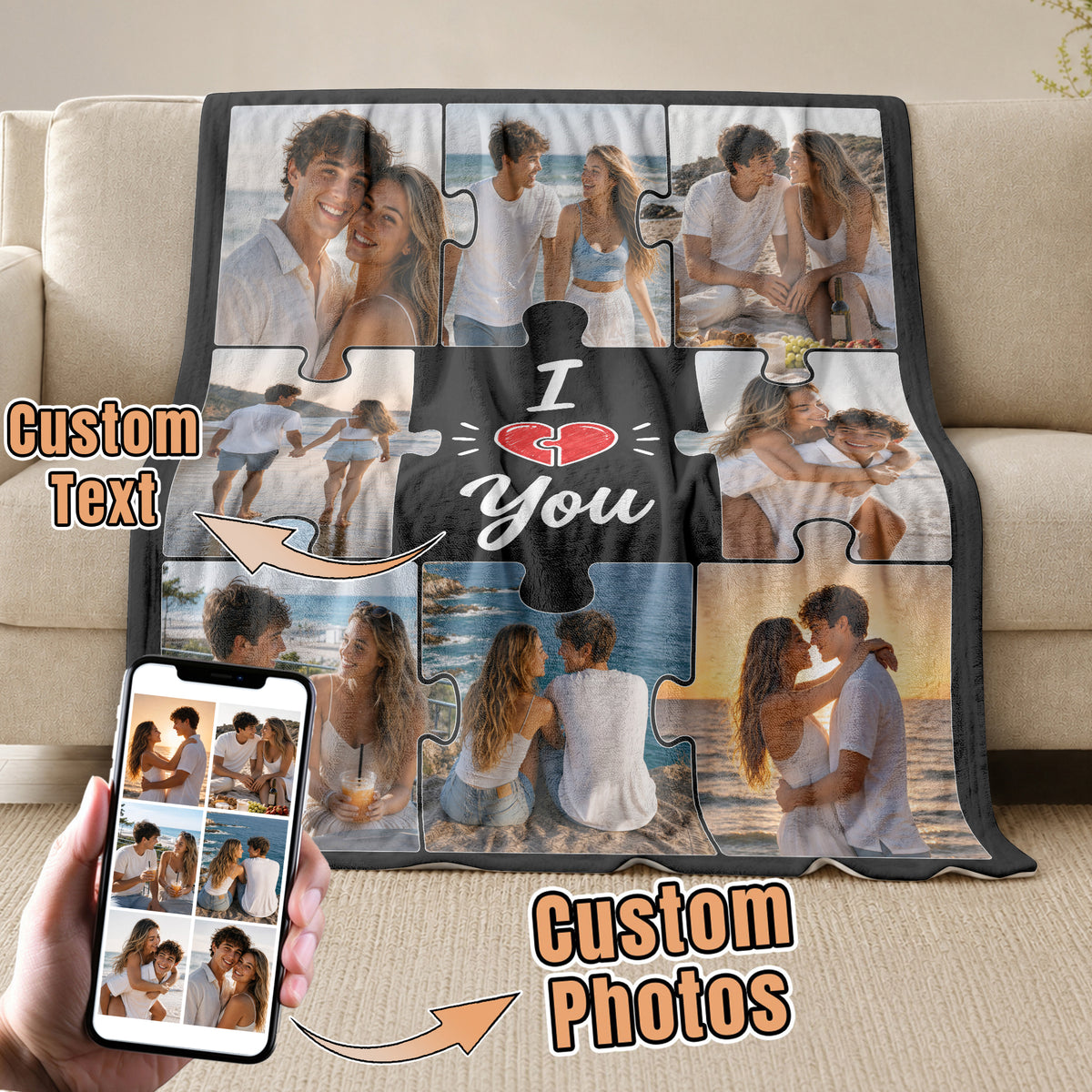 Custom Couple Jigsaw Photo Collage Fleece Blanket Text Throw Tapestry Component Item