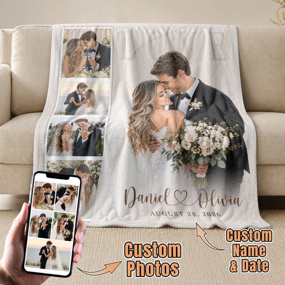 Custom Couple Wedding Photo Collage Fleece Blanket Names Date Throw Tapestry Piece