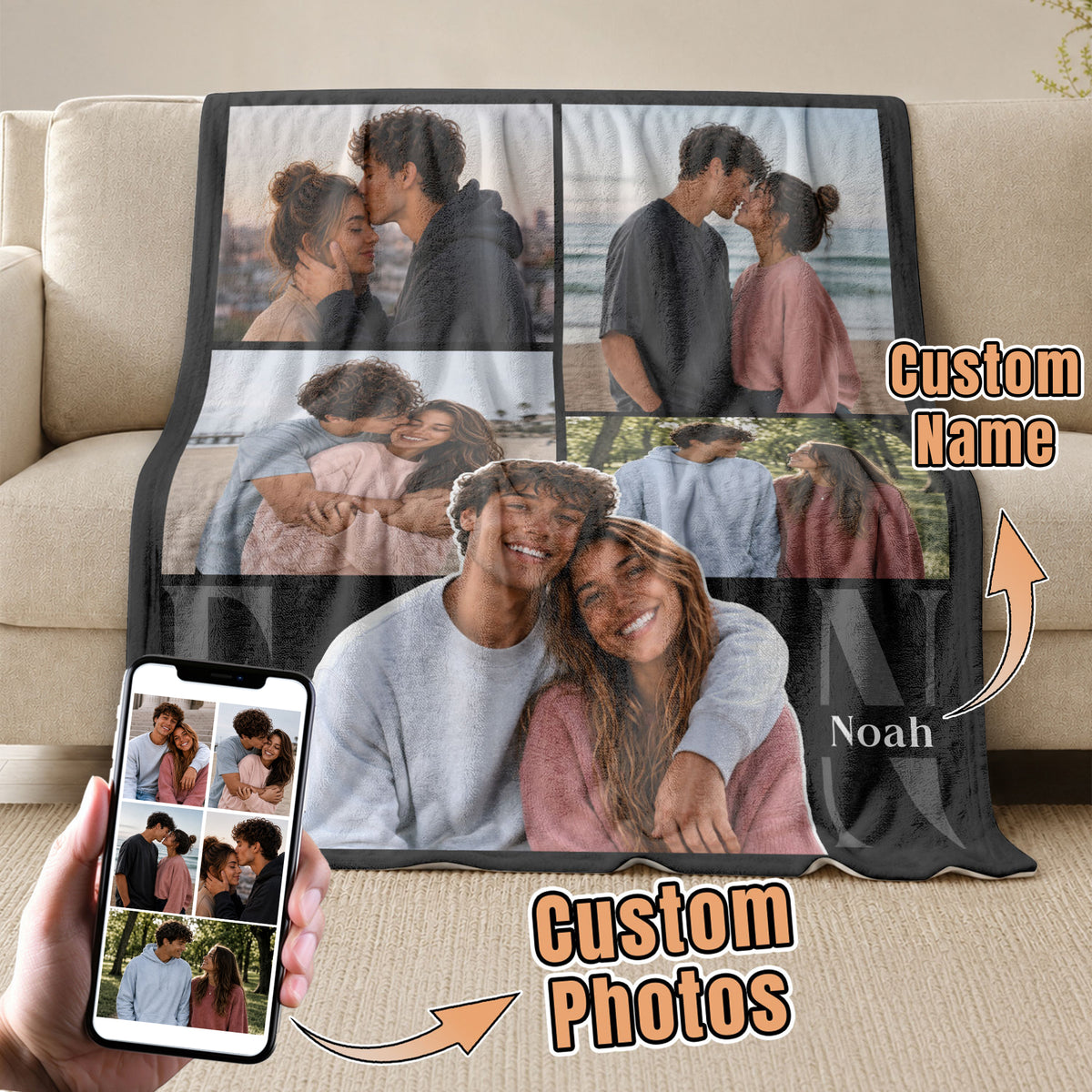 Custom Couple Photo Collage Fleece Blanket Names Typography Throw Tapestry Component
