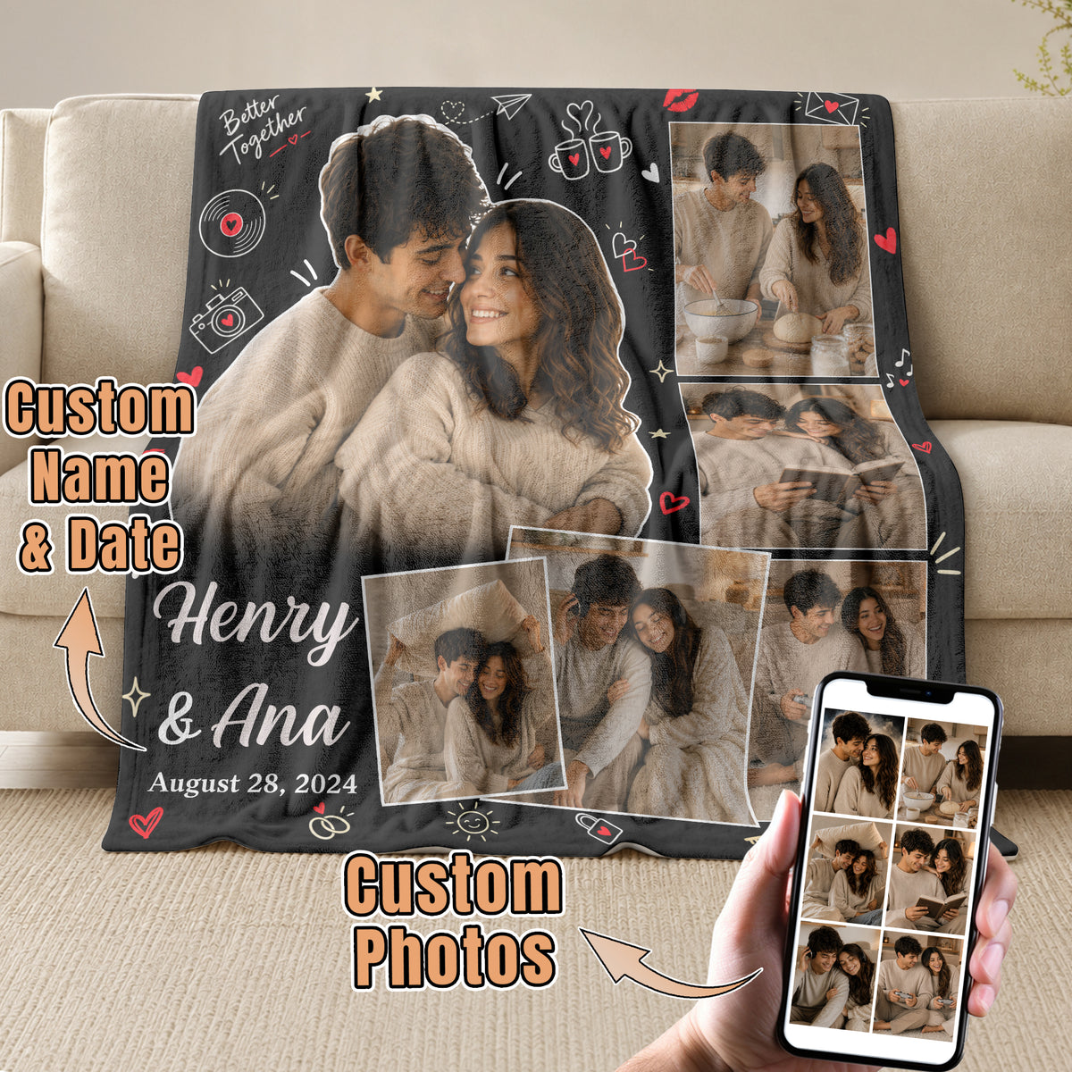 Custom Couple Photo Collage Fleece Blanket Names Date Throw Tapestry Component Item
