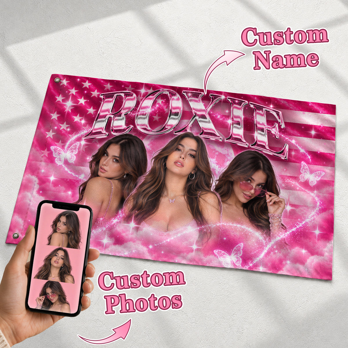 Personalized Vintage Pink Flag Custom Photo Graphic Banner Retro Wall Hanging Display