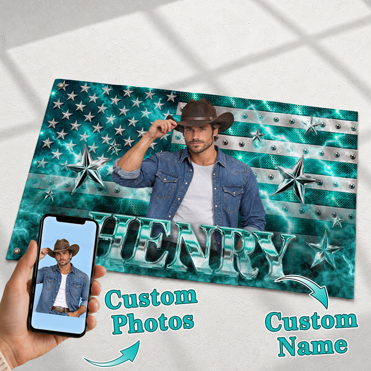 Aesthetic Teal American Flag Custom Photo Graphic Banner Retro Wall Hanging Display
