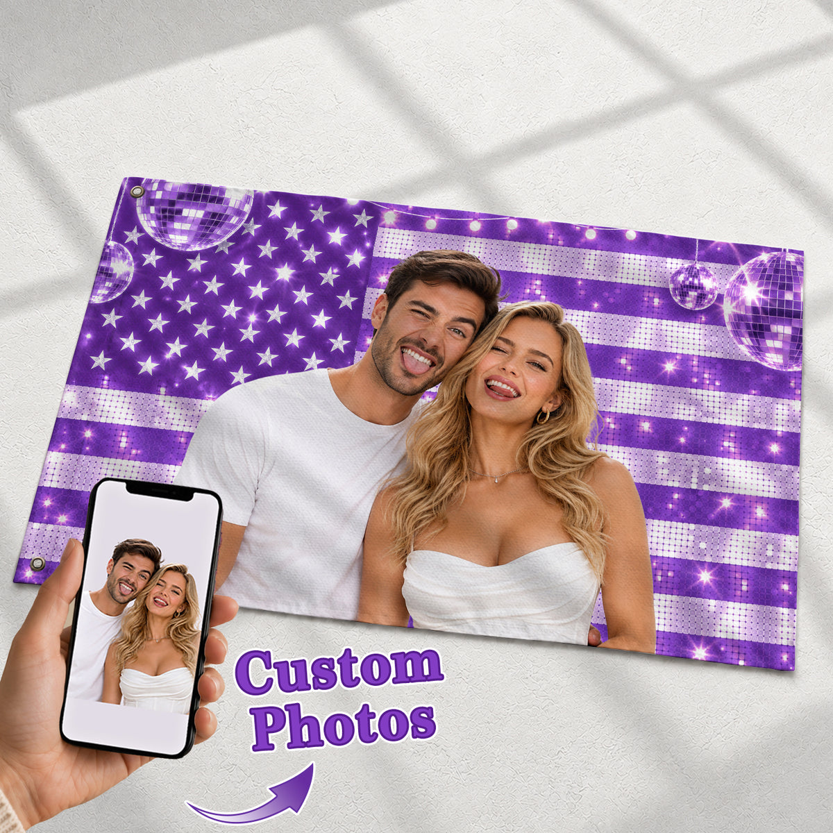 Vibrant Purple American Flag Custom Photo Graphic Banner Retro Wall Hanging Display