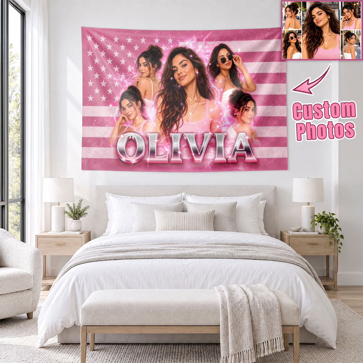 Custom Photo Patriotic American Flag Tapestry Lightning Stars Wall Hanging Sheet Backdrop