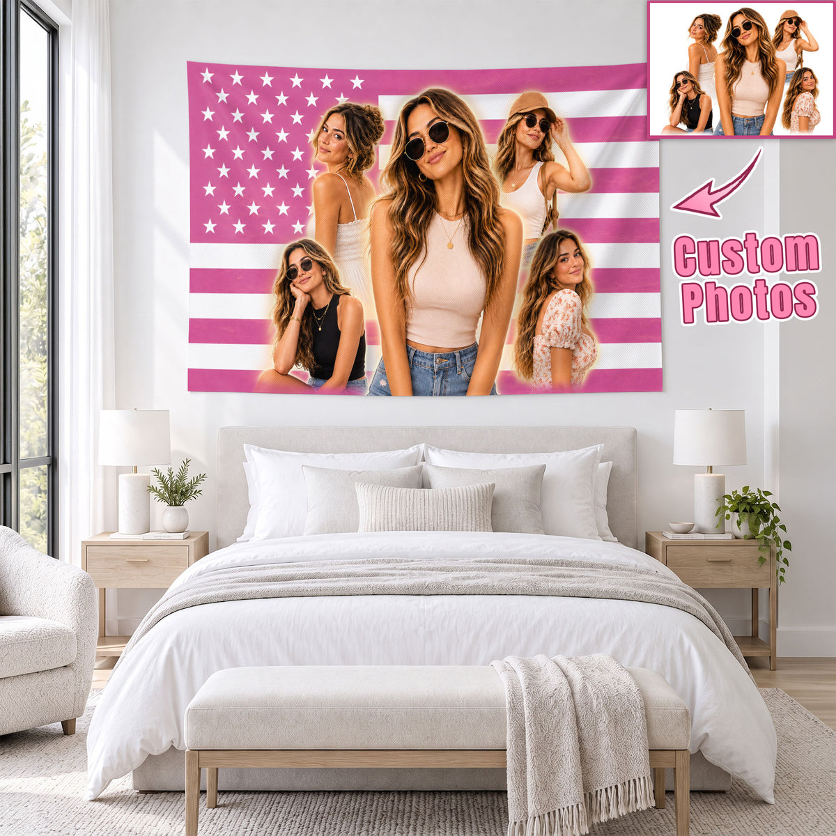 Custom Photo Patriotic American Flag Tapestry Stars Collage Wall Hanging Backdrop Sheet