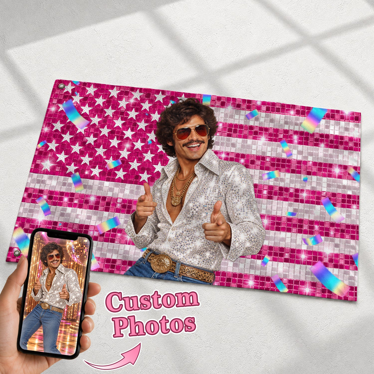 Pink Glitter Party Flag Pink American Flag Custom featuring a Custom Flag with Picture, Pink Flag Custom-Made Occasion Gift, Pallyprints Co.