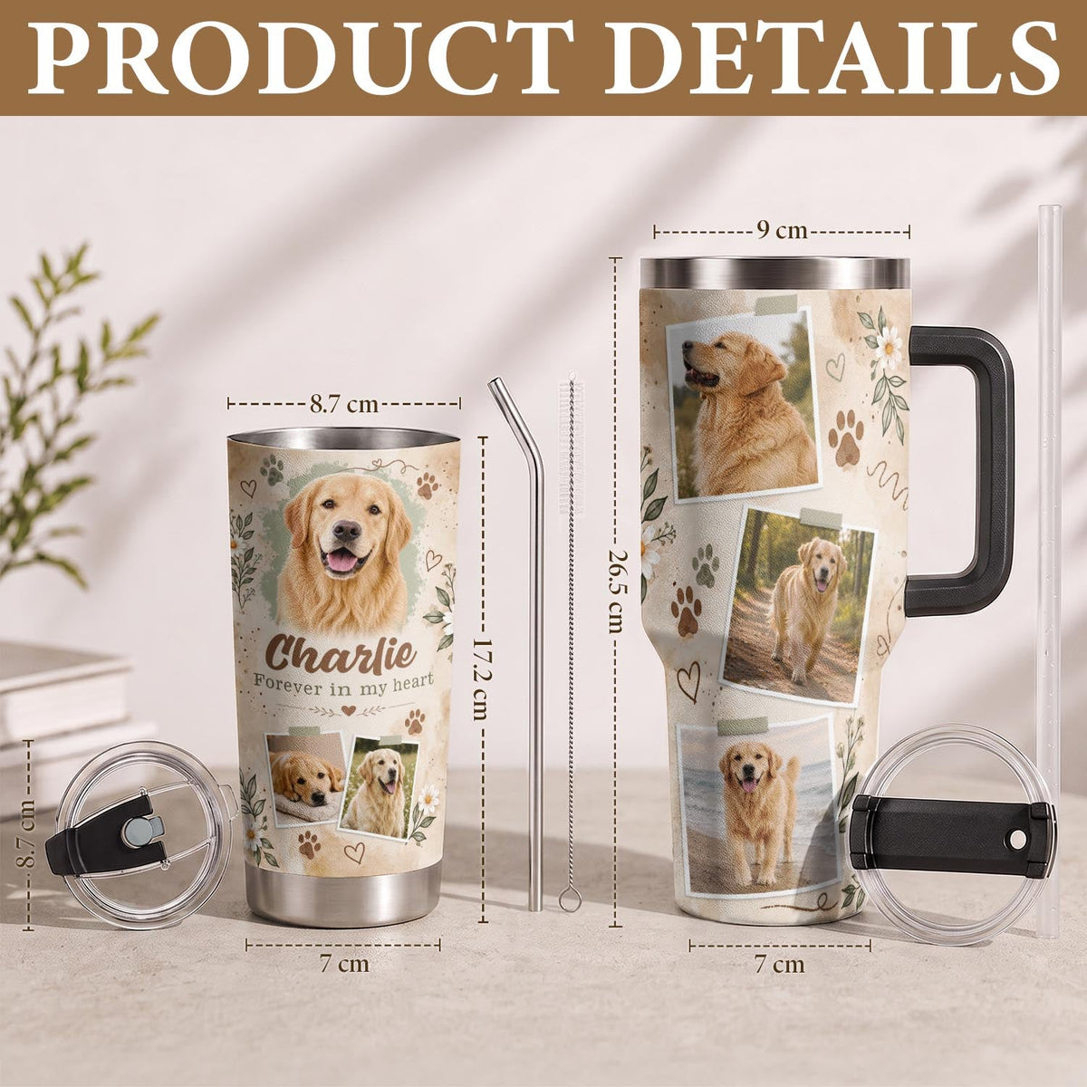 Custom Pet Photo Tumbler with Handle Personalised Dog Portrait Gifts for Dog Lover