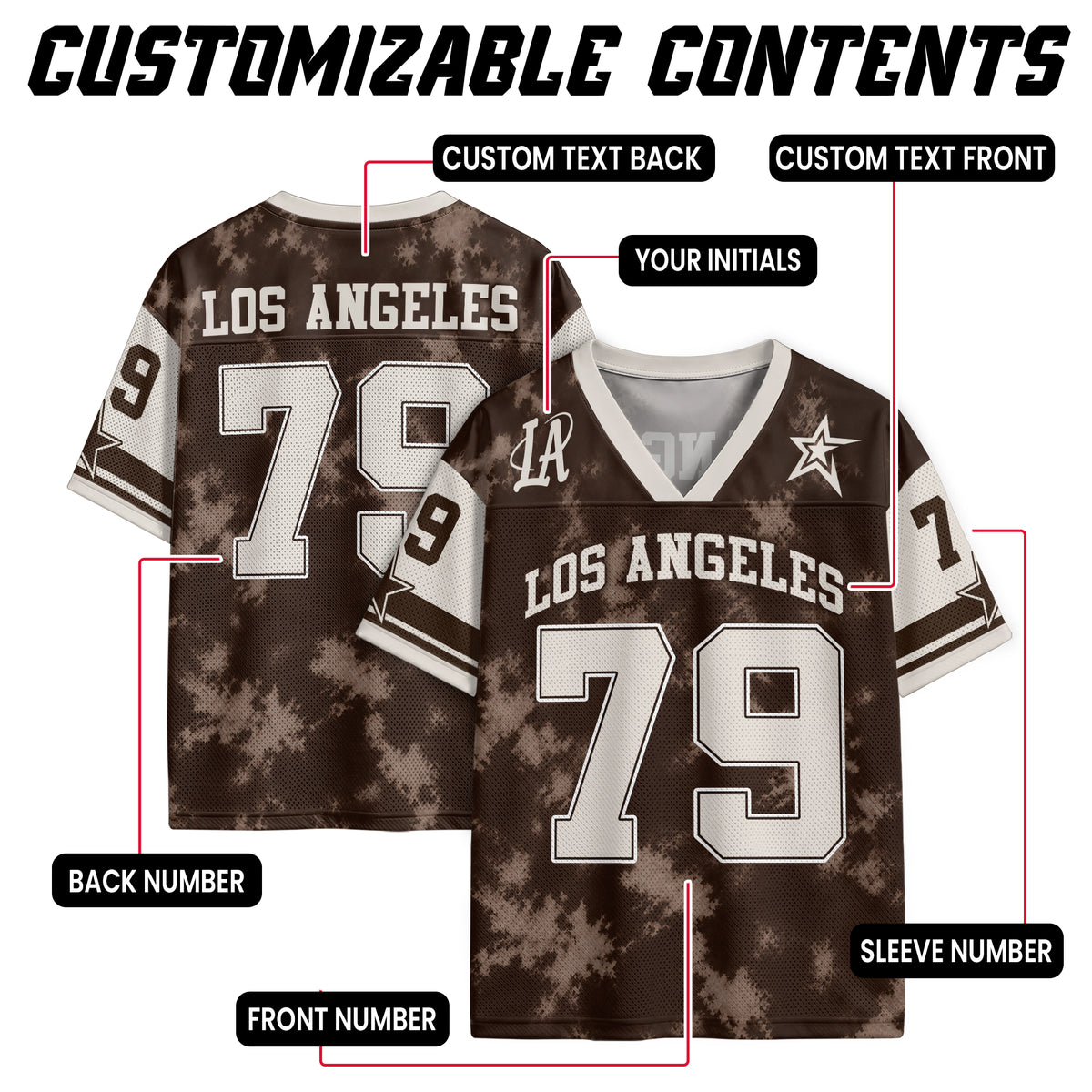 Custom Los Angeles Football Jersey Unisex Brown Tie Dye Y2K Jersey Shirt Clothing Top