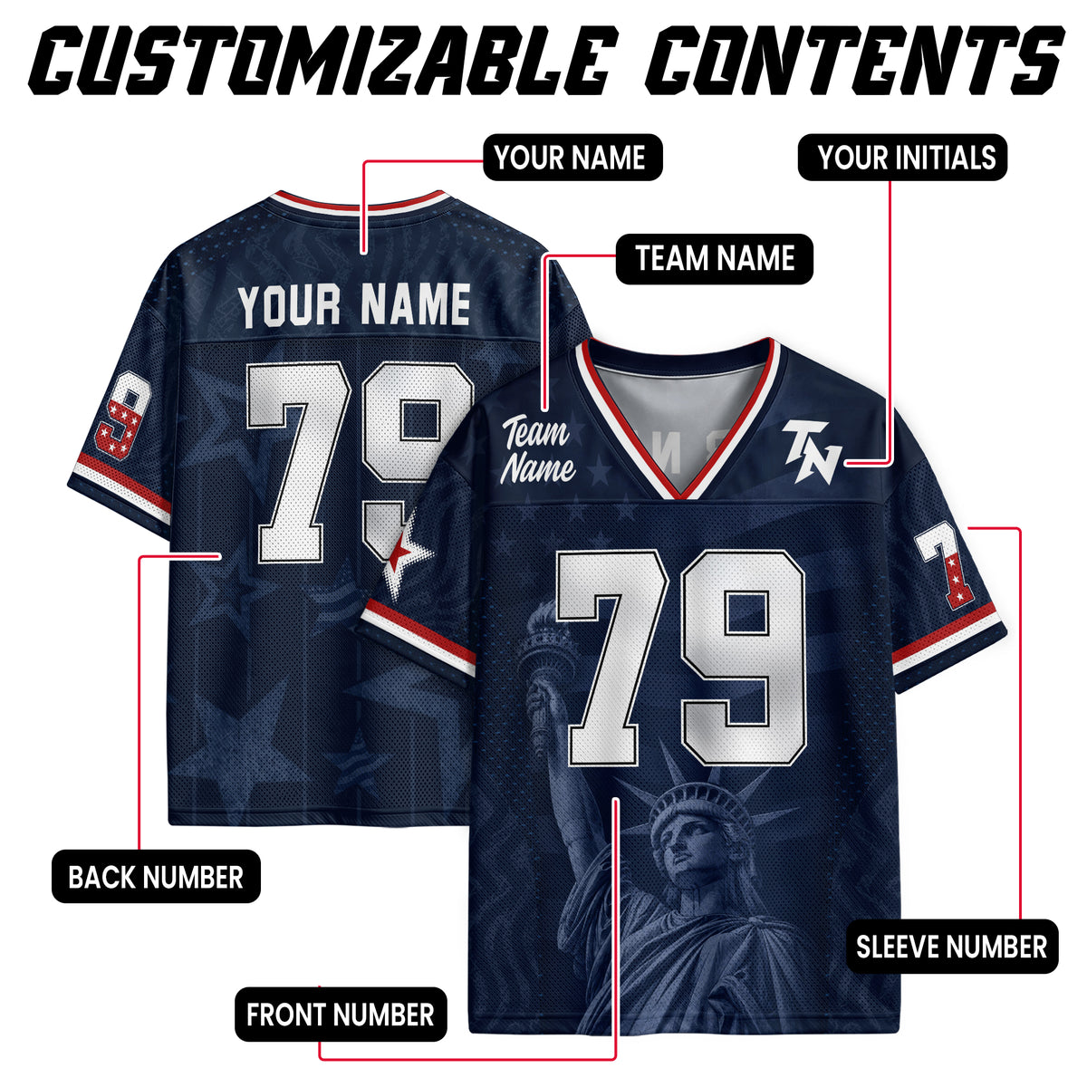 Custom Eagle Guard Football Jersey Unisex Blue Star Patriotic Y2K Outfits Shirt Top