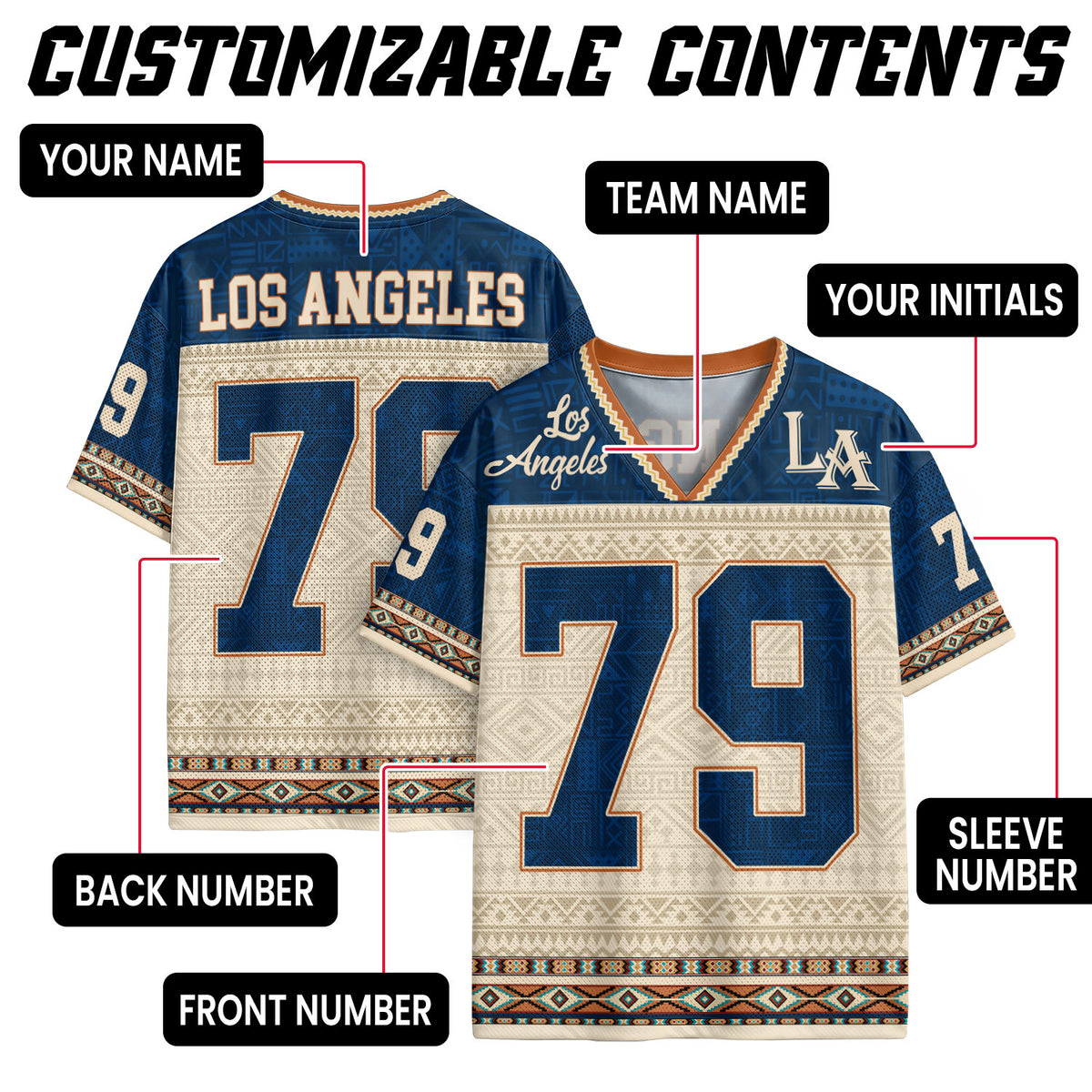 Custom Navy Los Angeles Football Jersey Unisex Aztec Print Y2K Outfits Shirt Top