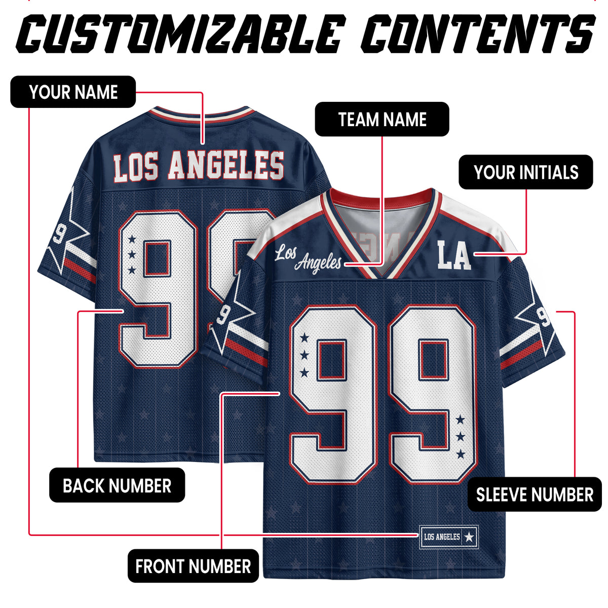 Custom Blue Los Angeles Football Y2K Jersey Unisex Star Patriotic Team Shirt Top Apparel