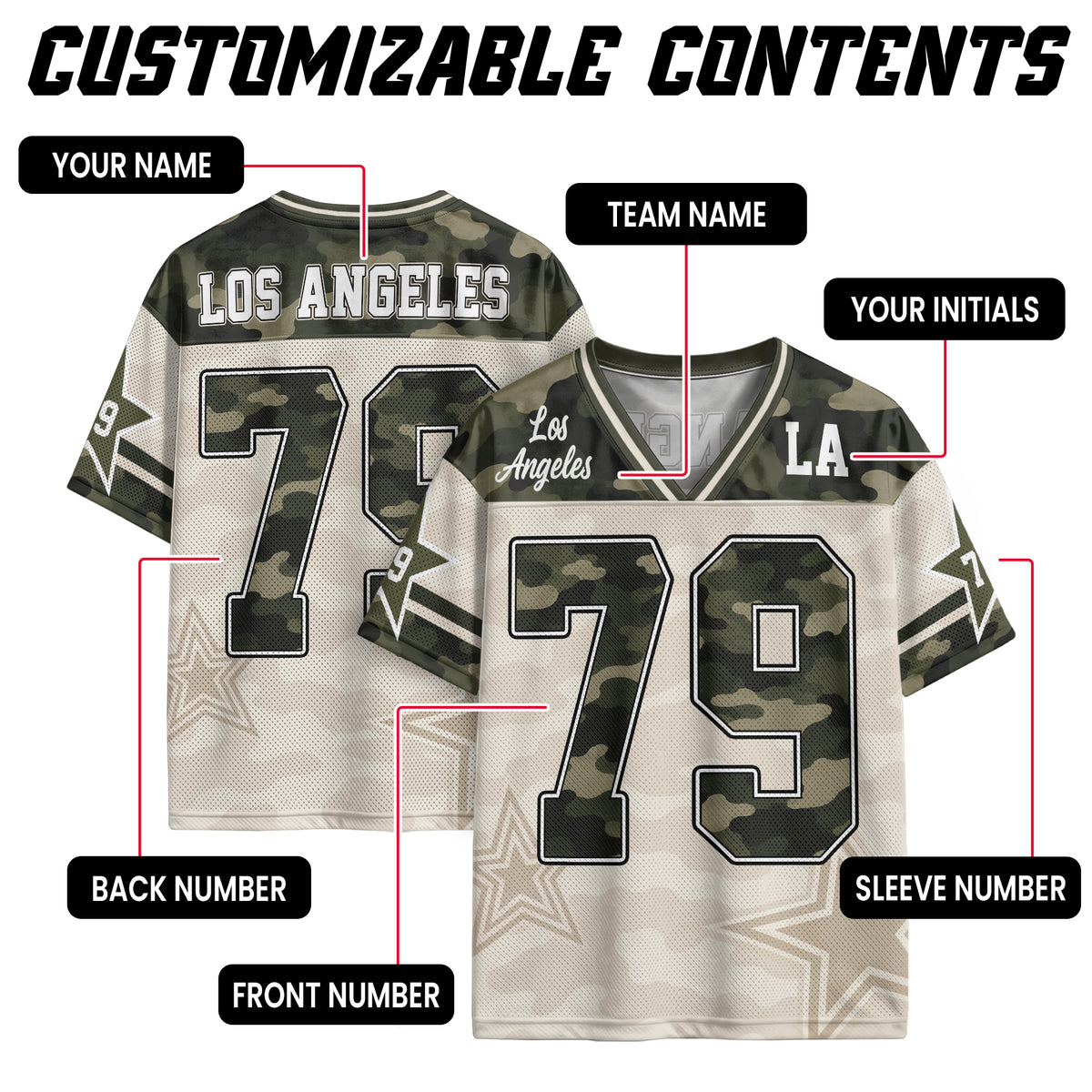 Custom Camo Los Angeles Football Y2K Jersey Unisex Star Camouflage Team Shirt Top
