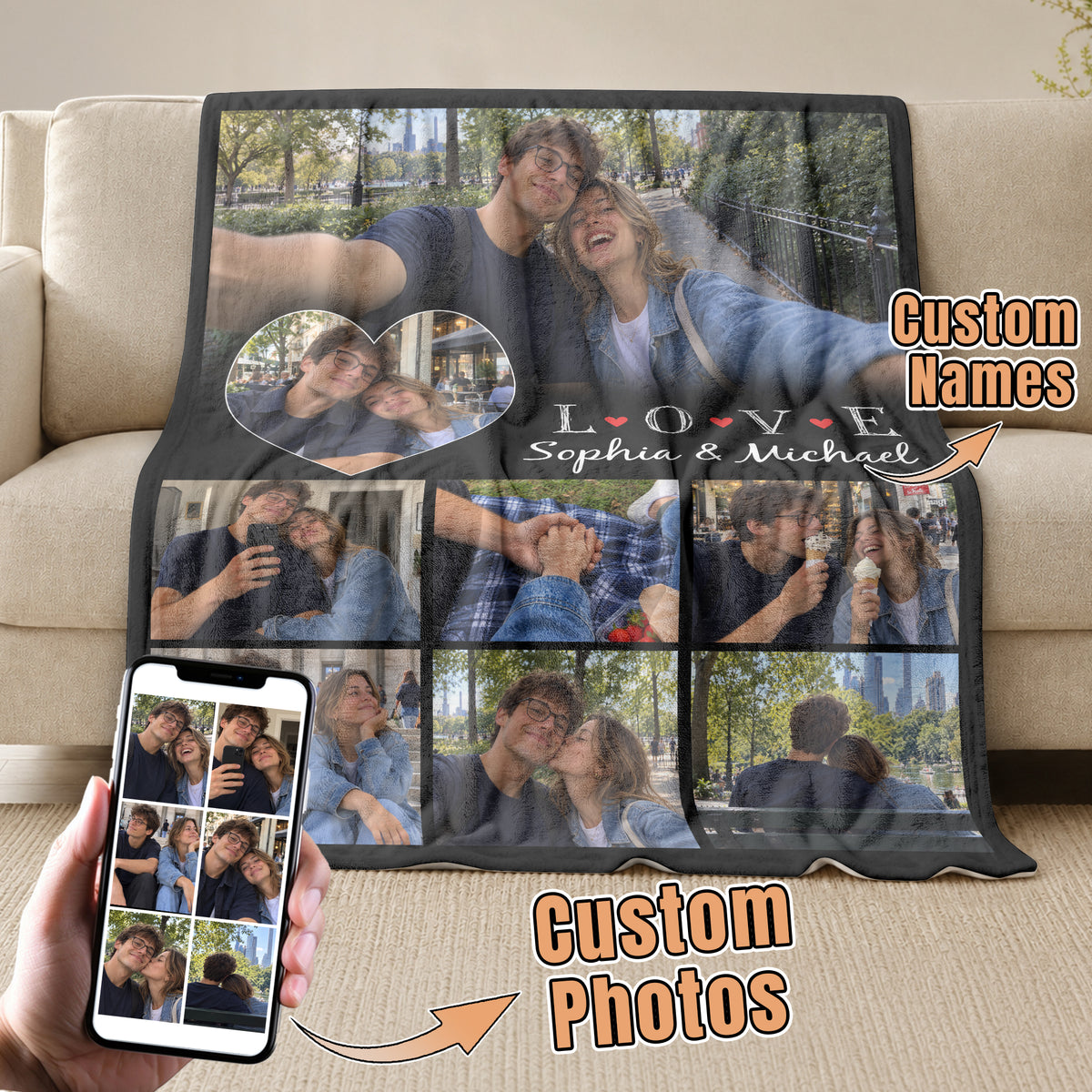 Custom Photo Collage Fleece Blanket Couple Love Heart Picture Throw Warm Bed Spreads