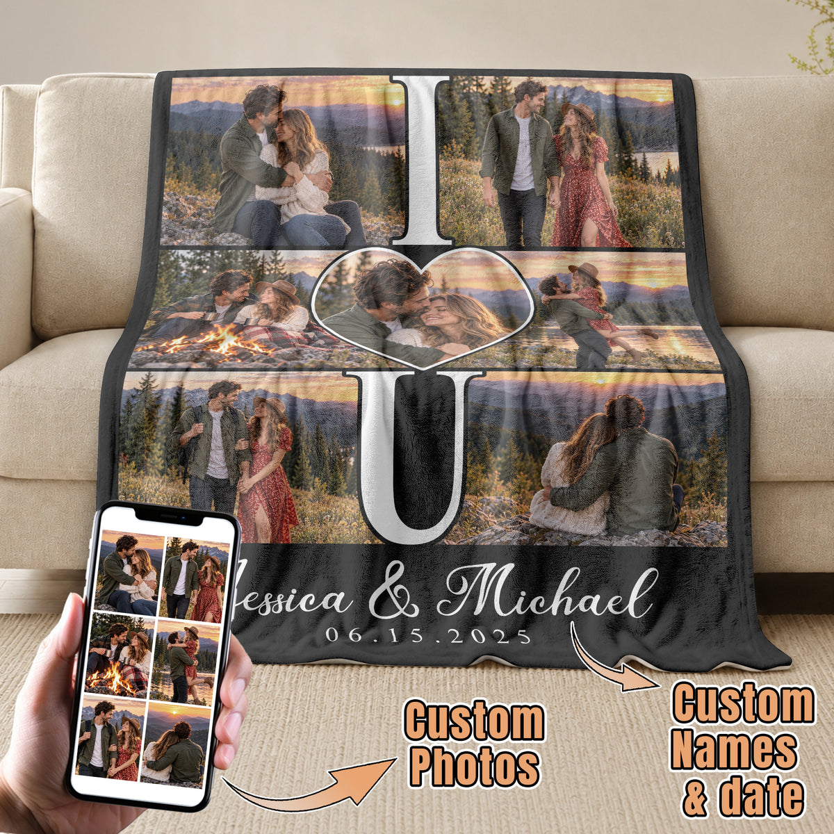 Custom Photo Collage Fleece Blanket Couple Love Heart Picture Throw Warm Bedding Cover