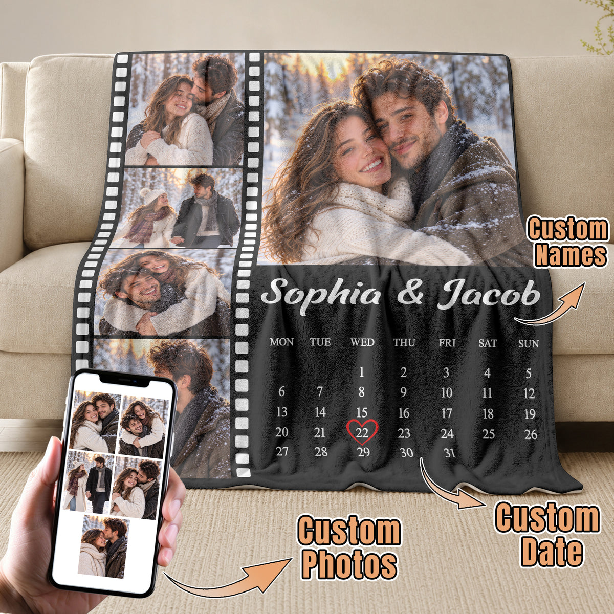 Custom Photo Collage Fleece Blanket Film Strip Calendar Picture Throw Warm Bedding Cover