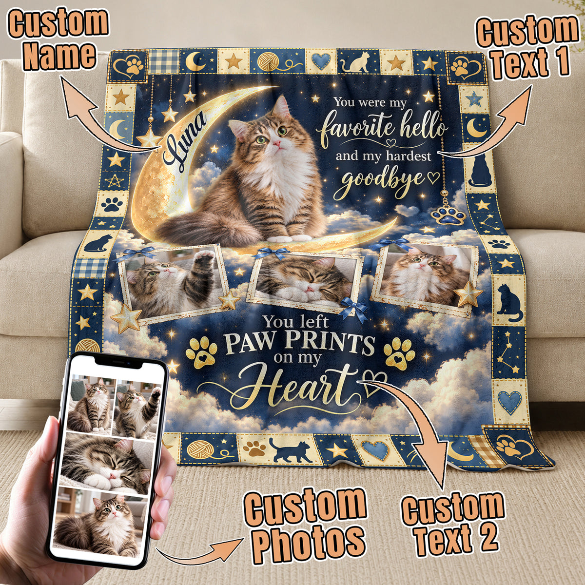 Custom Name Cat Memorial Photo Blanket Crescent Moon Celestial Wall Hanging Banner