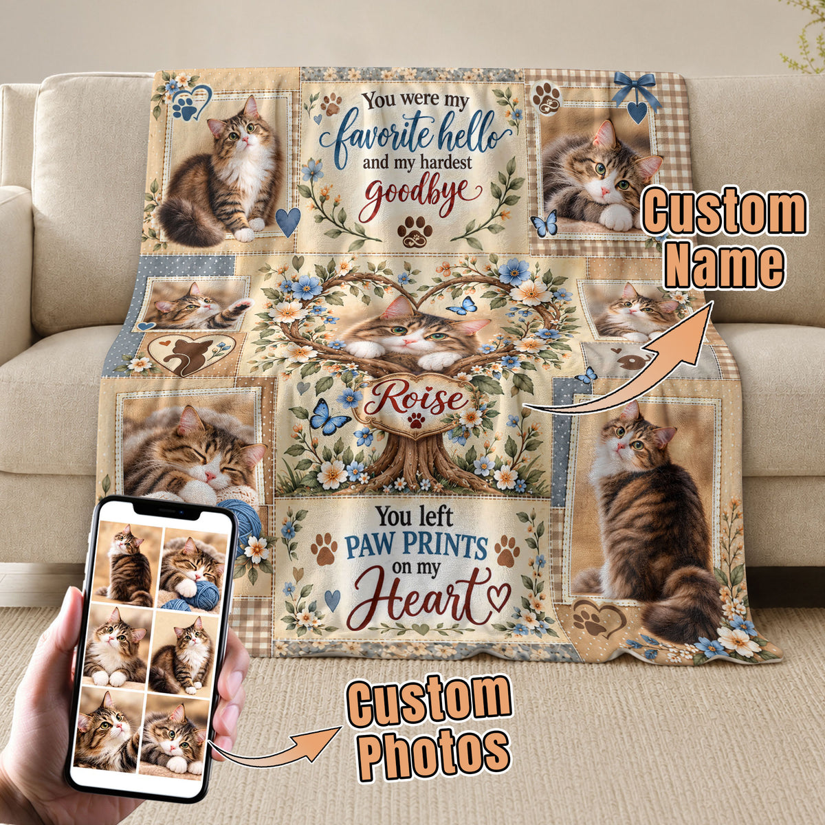 Custom Name Cat Memorial Photo Blanket Heart Tree Life Floral Wall Hanging Banner