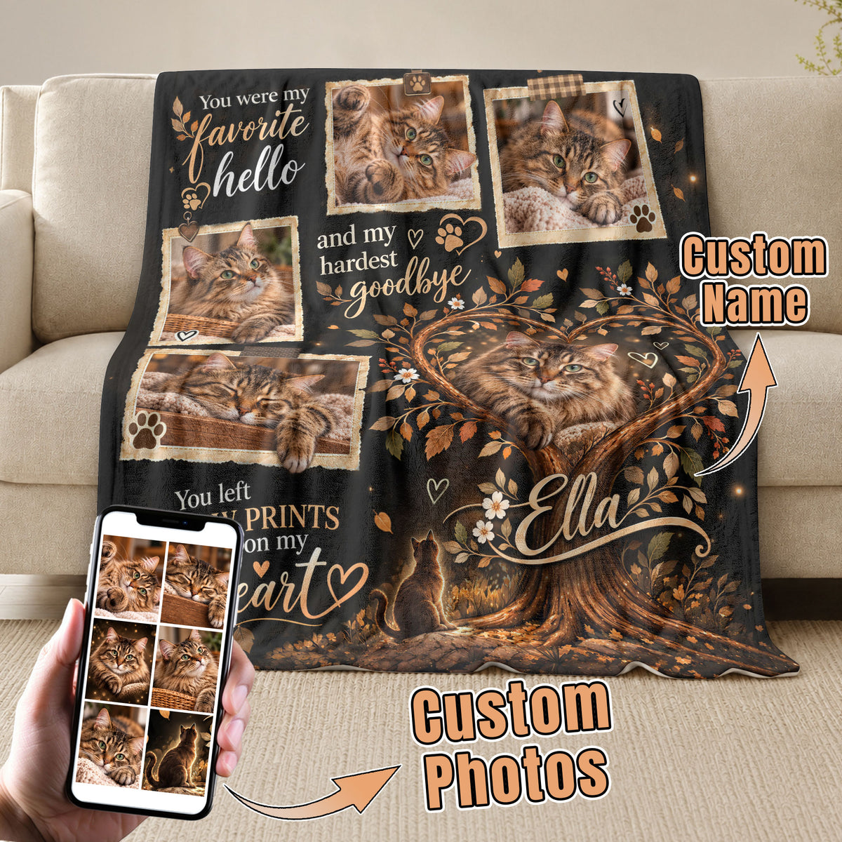 Custom Name Cat Memorial Photo Blanket Heart Tree Leaves Wall Hanging Display Banner
