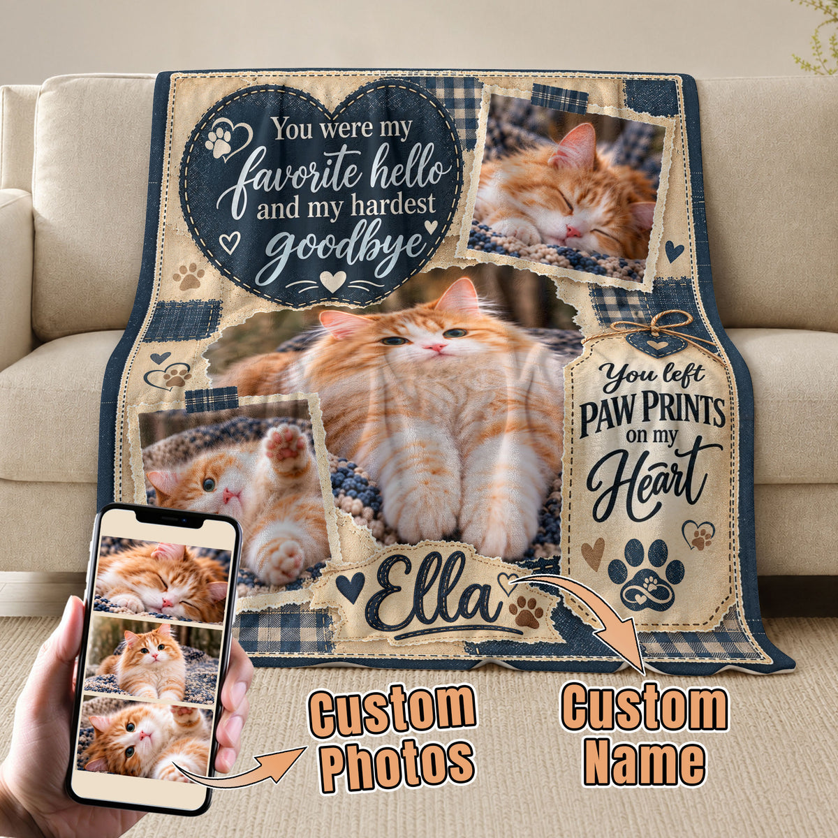 Custom Name Cat Memorial Photo Blanket Denim Patchwork Heart Wall Hanging Banner