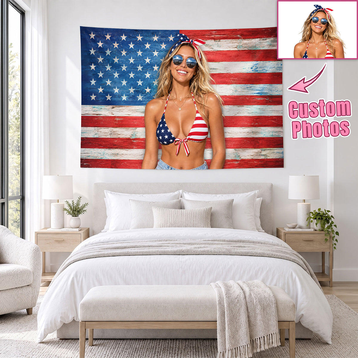 Custom Photo Patriotic American Flag Tapestry Vintage Wood Board Stars Wall Hanging Sheet