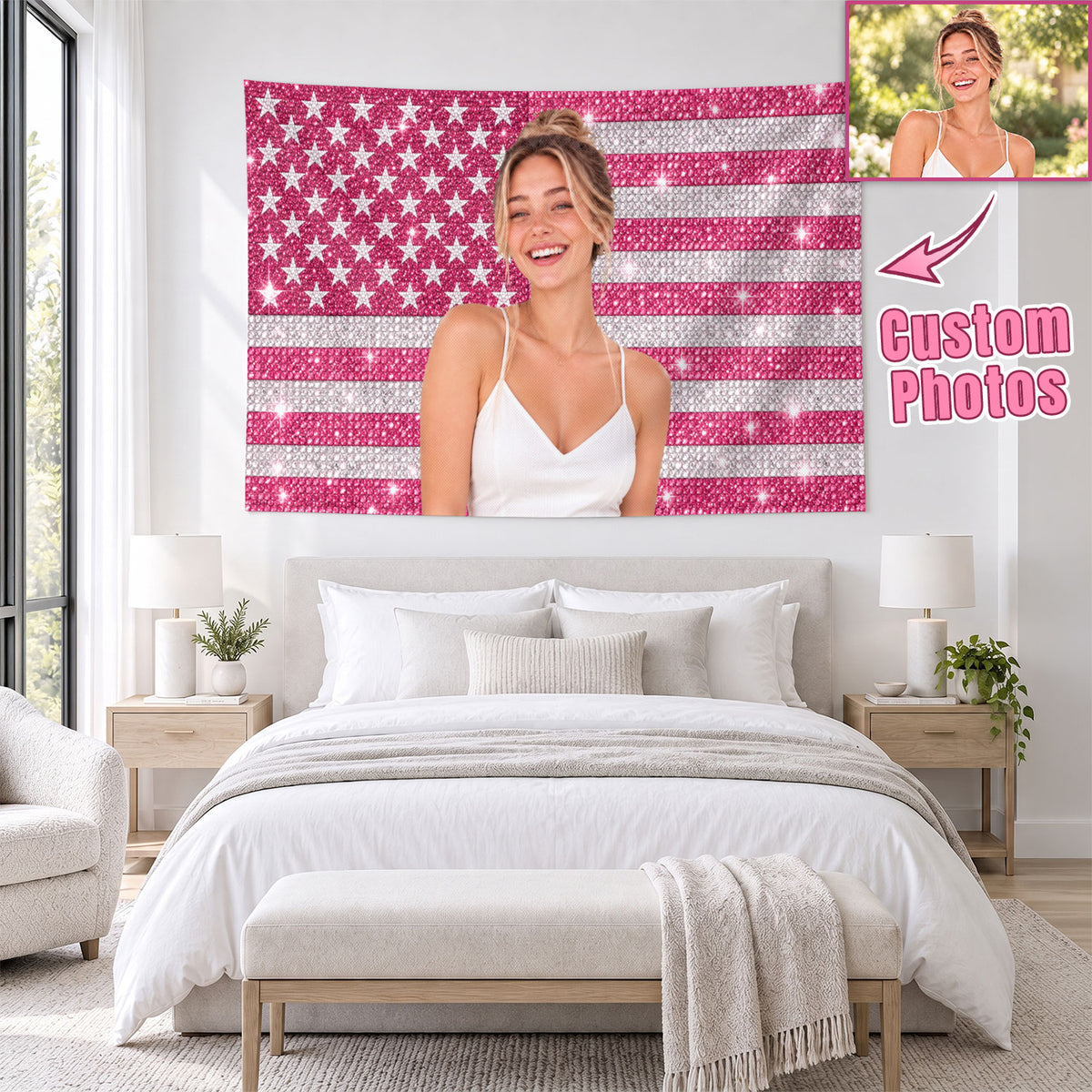 Custom Photo Patriotic American Flag Tapestry Sparkle Stars Stripes Wall Hanging Sheet