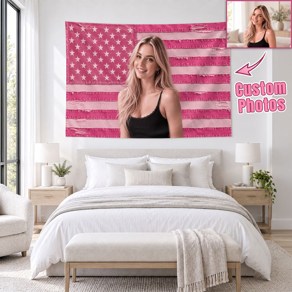 Custom Photo Patriotic American Flag Tapestry Distressed Denim Stars Wall Hanging Sheet