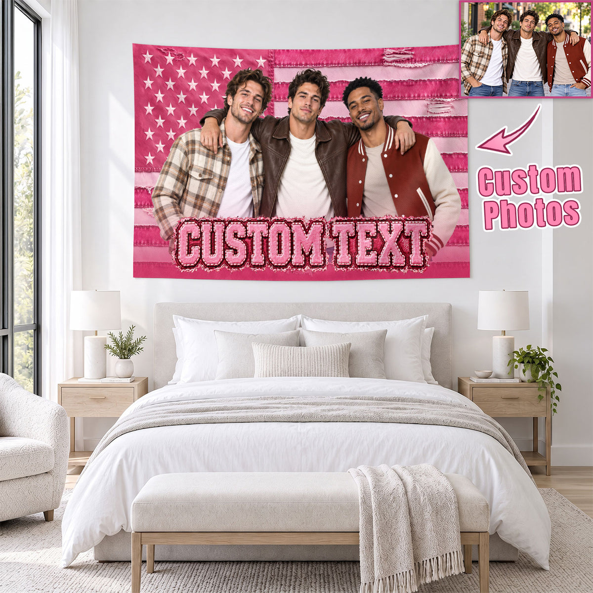 Custom Photo Text American Flag Tapestry Distressed Denim Stars Wall Hanging Backdrop