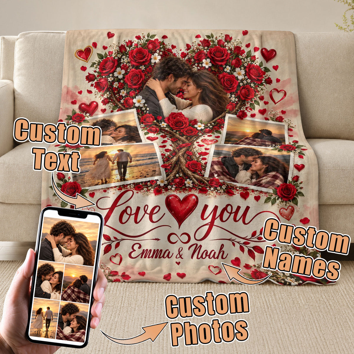 Custom Photo Collage Blanket Love Heart Tree Roses Soft Fleece Throw Bedding Sheet Mat