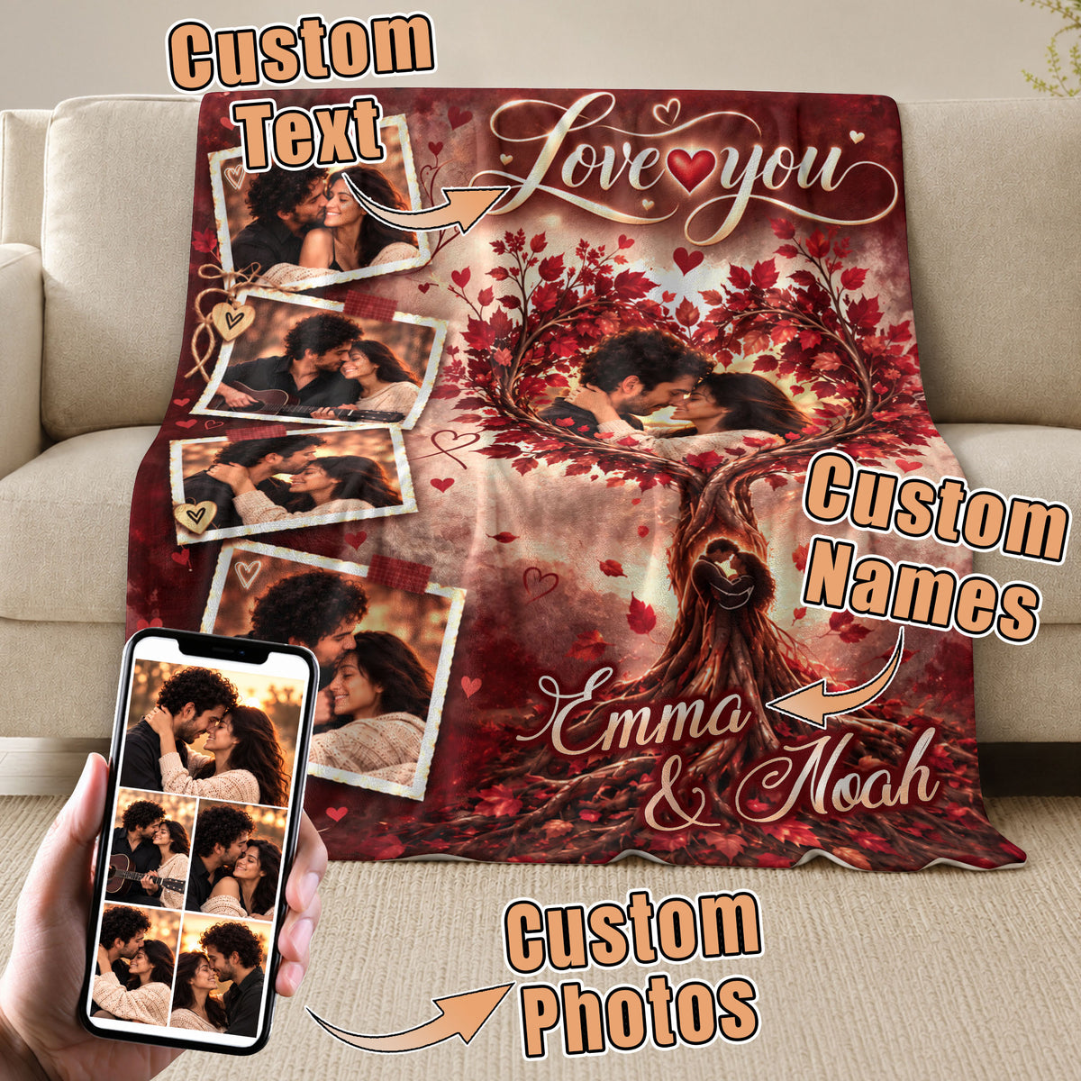 Custom Photo Collage Blanket Heart Maple Tree Autumn Leaves Soft Fleece Throw Cover Mat