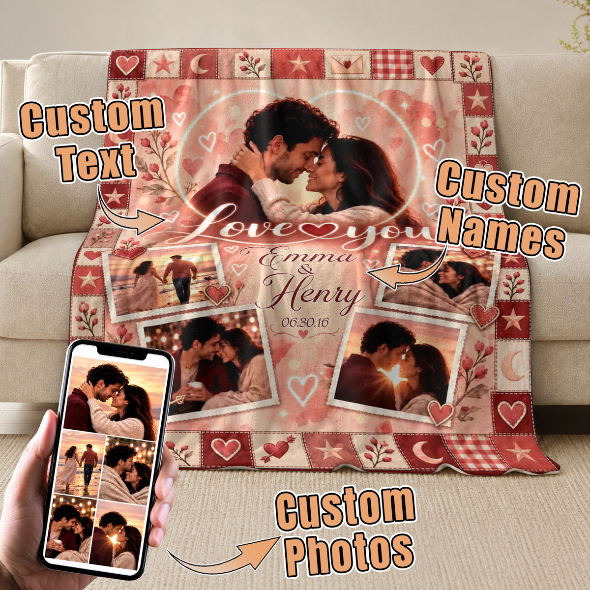 Custom Photo Collage Blanket Heart Patchwork Border Fleece Throw Bedding Sheet Mat