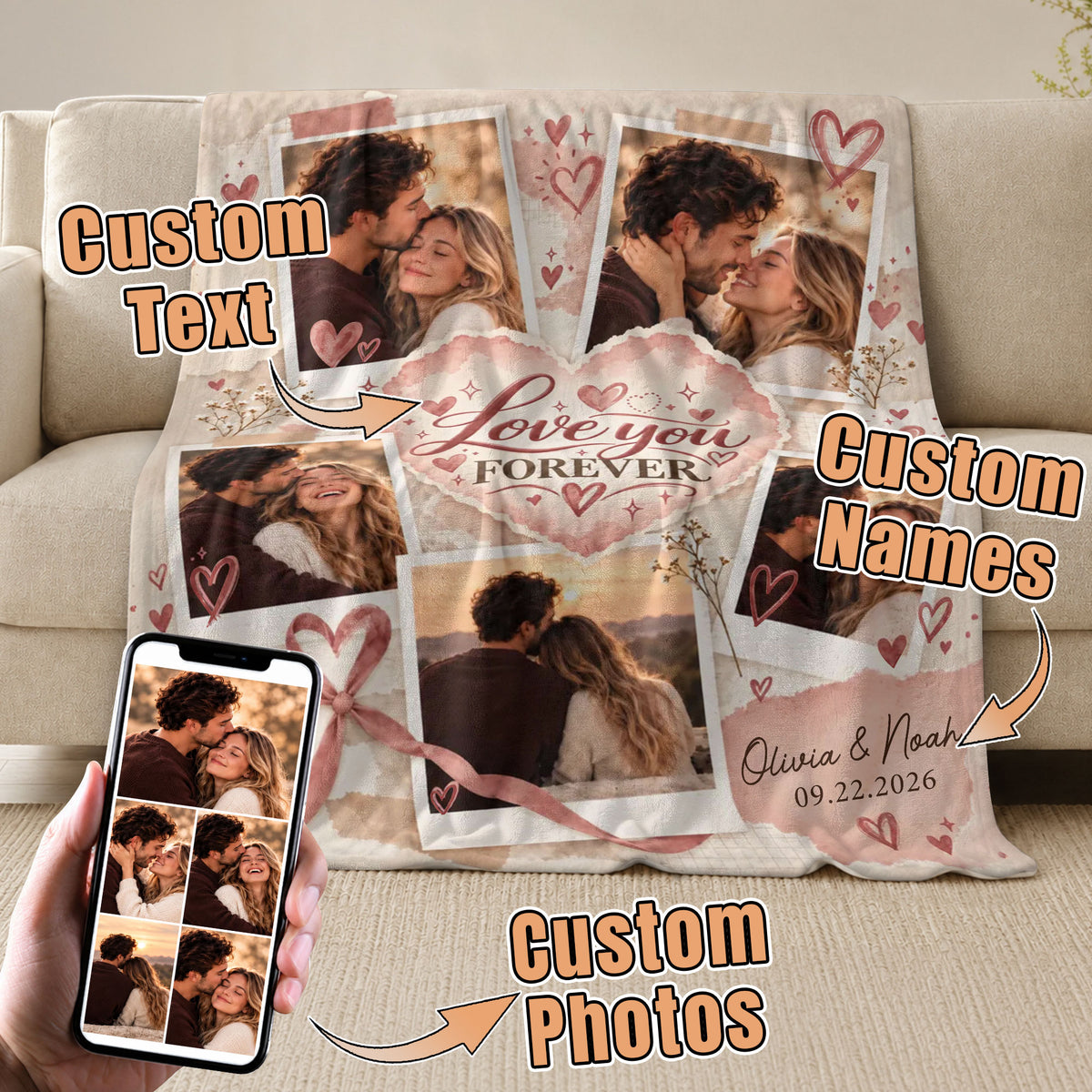 Custom Photo Collage Blanket Love Heart Ribbon Bow Polaroid Soft Fleece Throw Cover