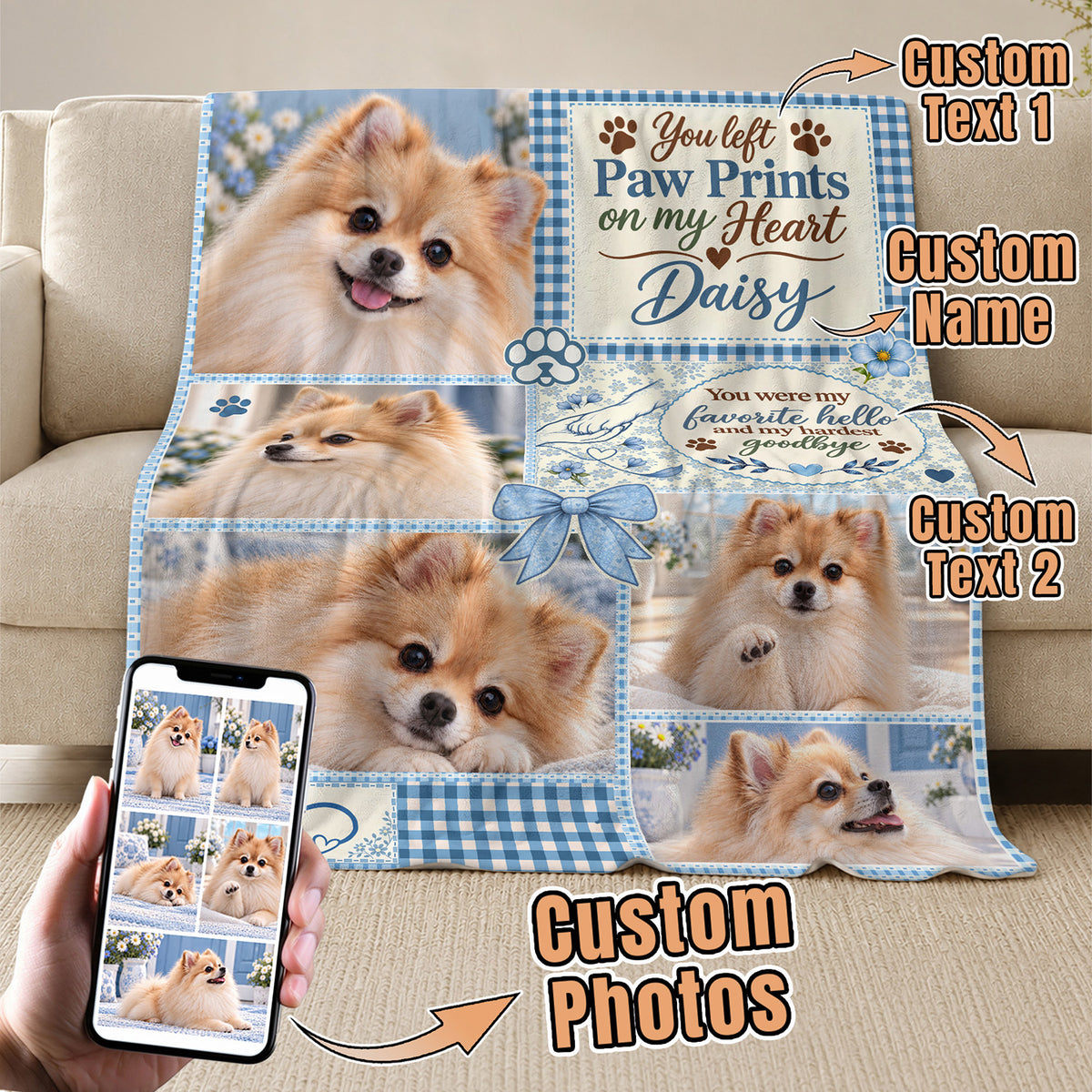 Custom Dog Memorial Photo Collage Gingham Ribbon Bow Paw Print Fleece Throw Blanket