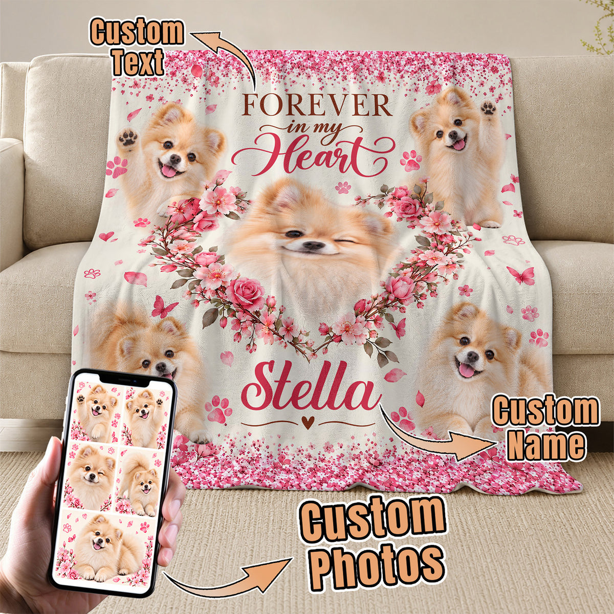 Custom Dog Memorial Photo Collage Rose Floral Heart Paw Print Fleece Throw Blanket