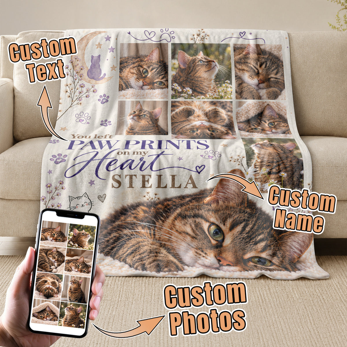 Custom Pet Memorial Blanket Photo Collage Cat Paw Prints On My Heart Soft Fleece