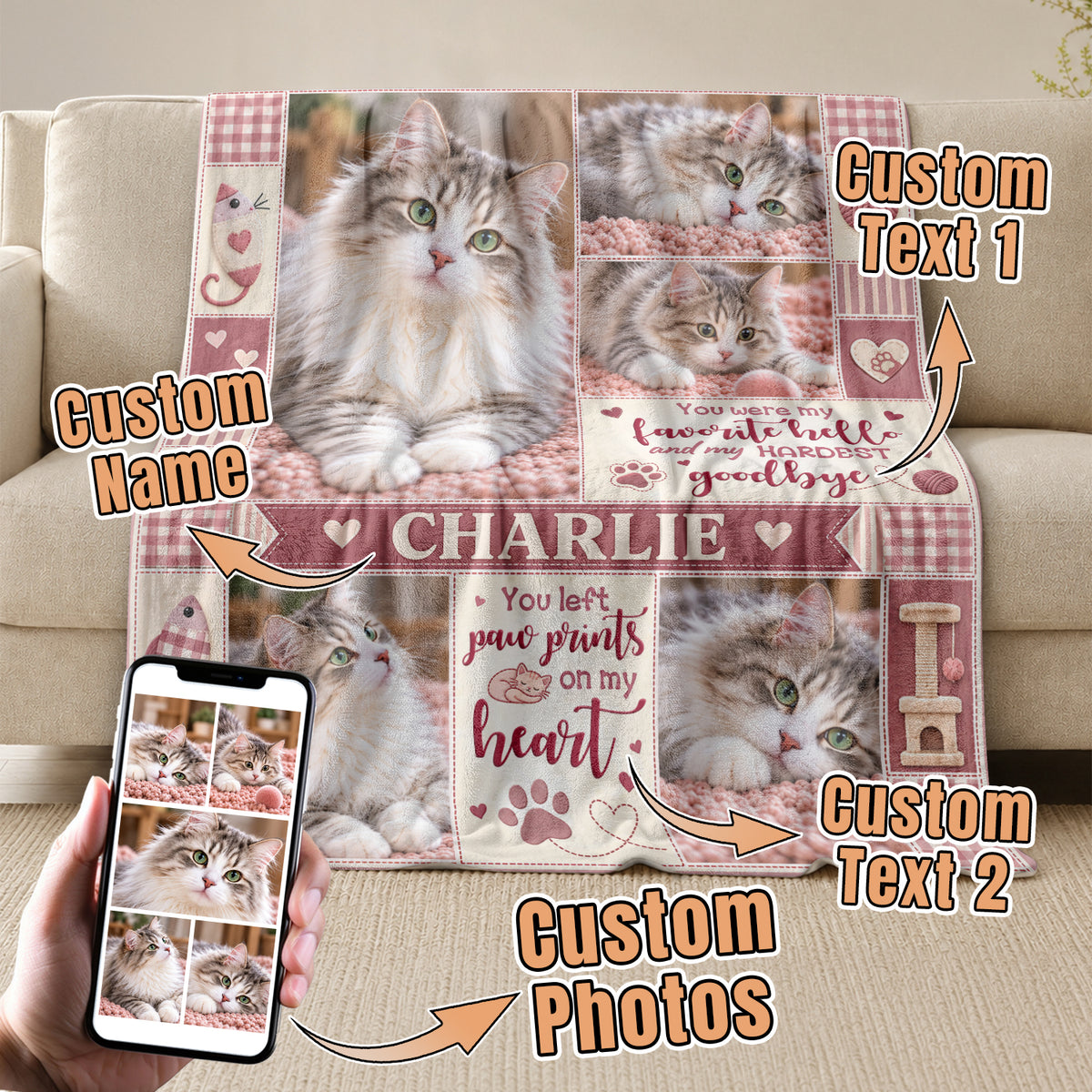 Custom Pet Memorial Blanket Photo Cat Favorite Hello Hardest Goodbye Fleece Throw