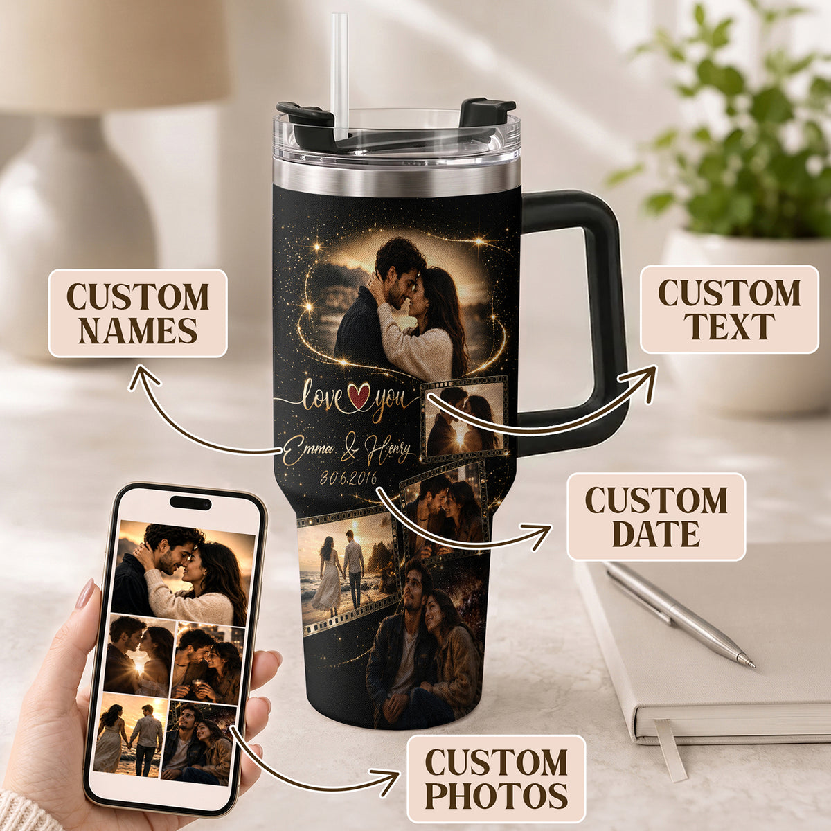 Custom Couple Photo Collage Tumbler Names Date Insulated Thermal Mug Cup Lid Top