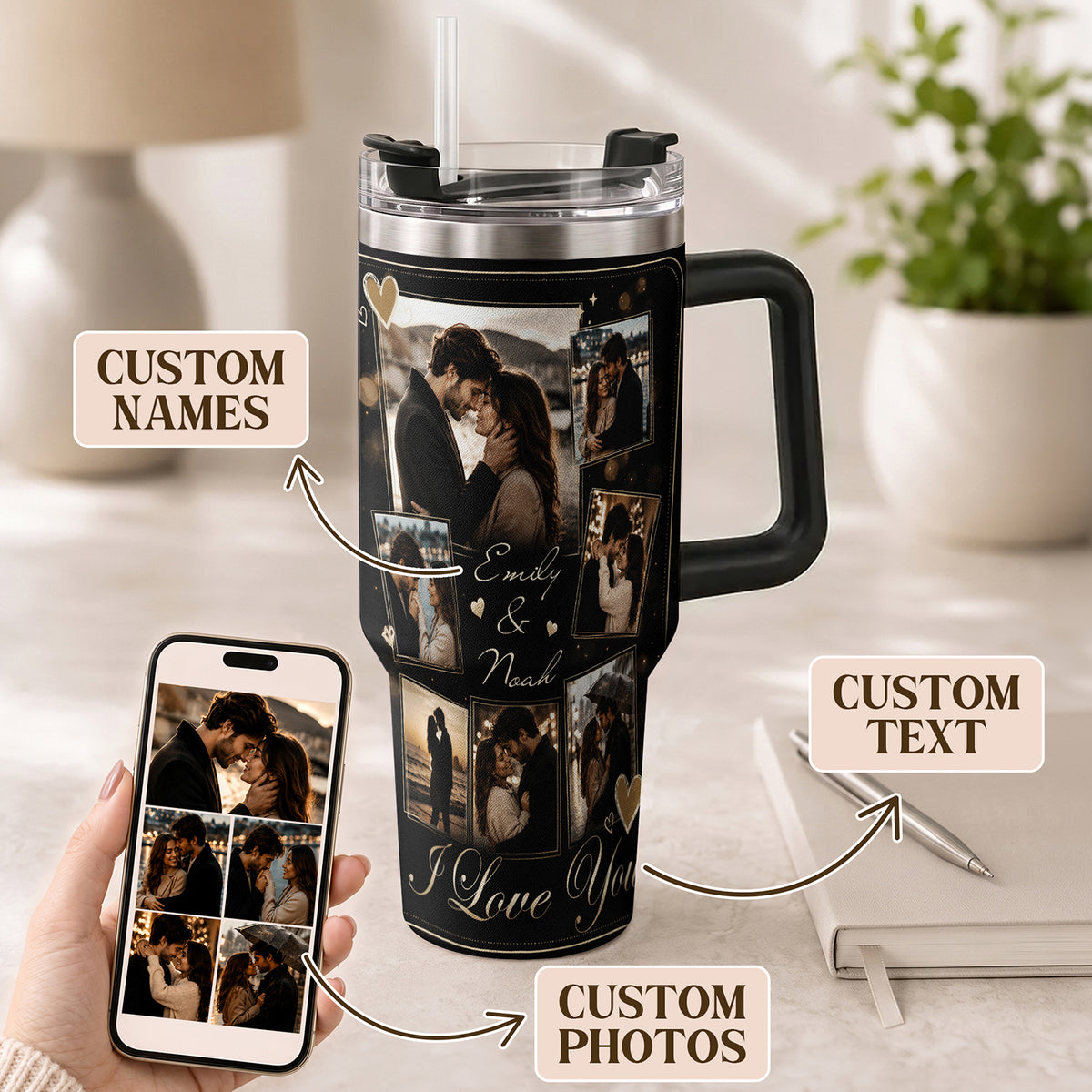 Custom Couple Memory Collage Tumbler Names Date Insulated Drinkware Cup Lid Piece