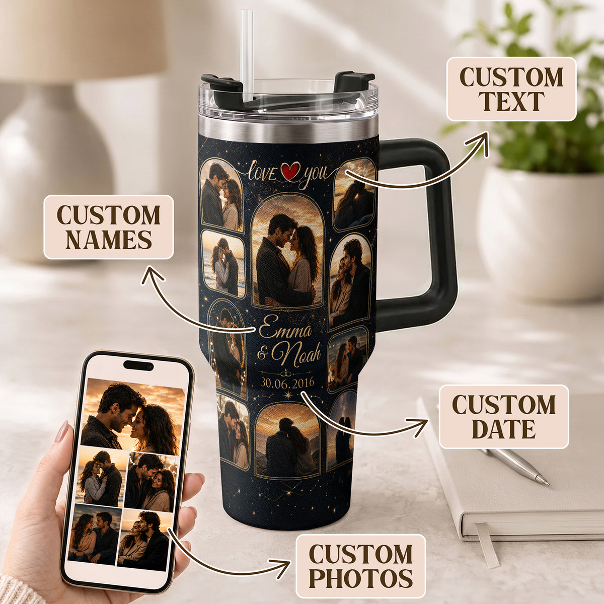 Custom Romantic Photo Collage Tumbler Names Date Thermal Drinkware Cup Lid Piece